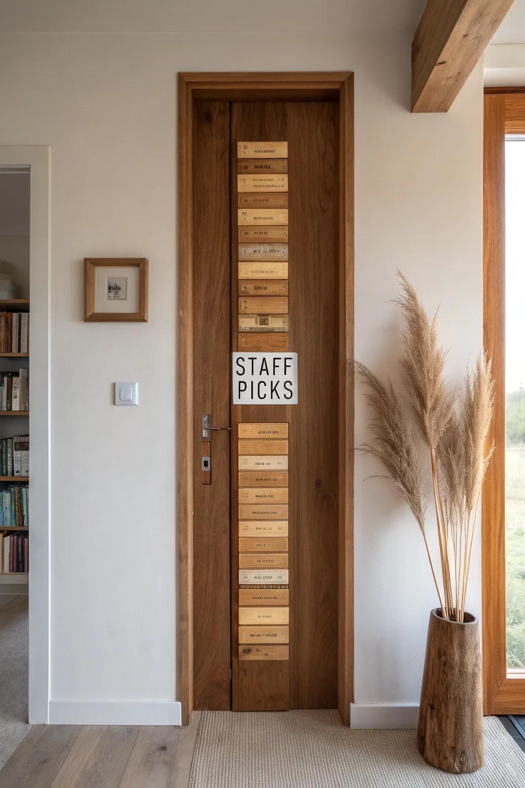 Hand-stained book-spine name plates turn your door into a tiny, elegant wooden library.