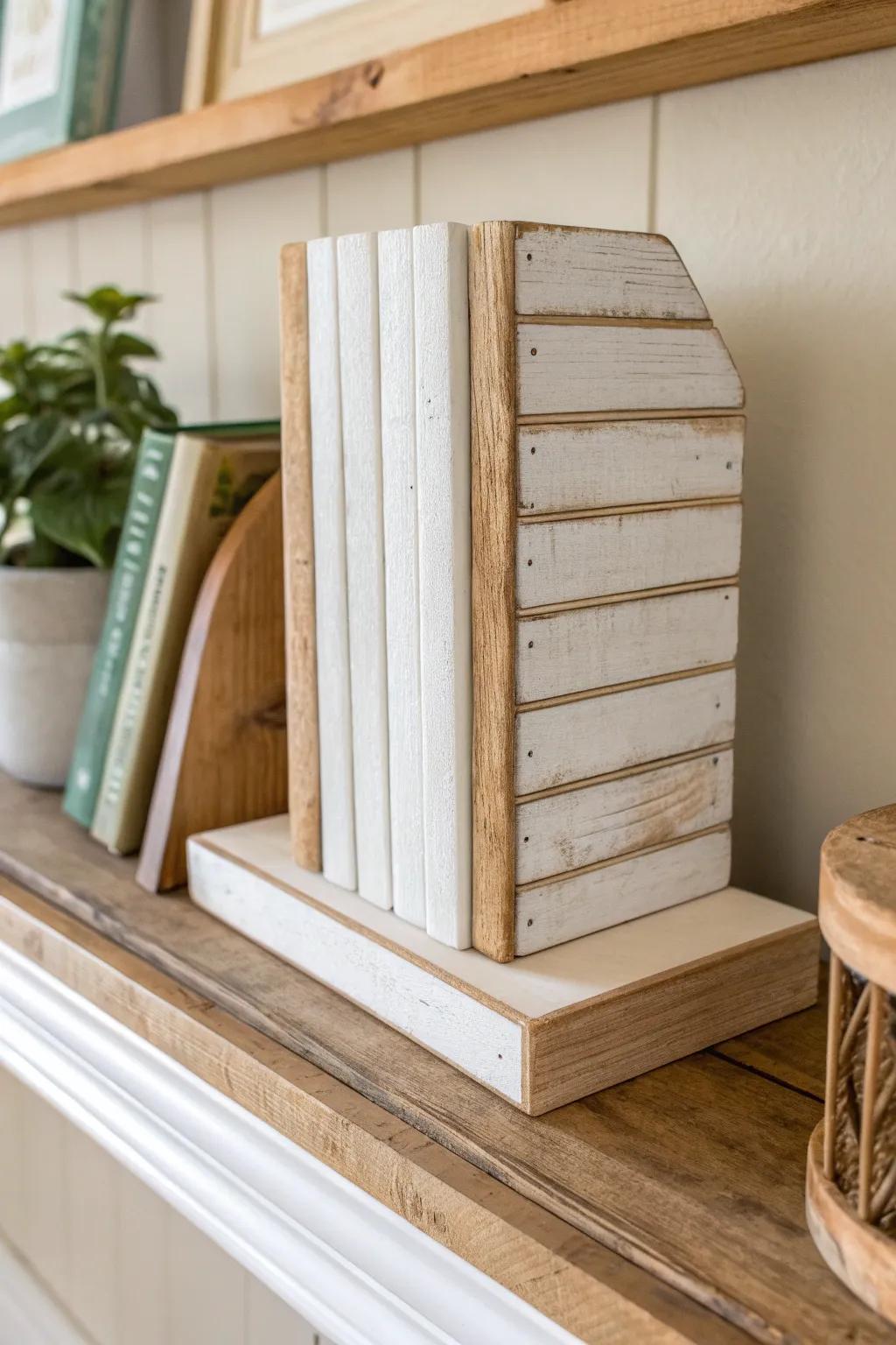 DIY farmhouse shiplap bookends with a soft distressed finish—perfect for vintage hardcovers.