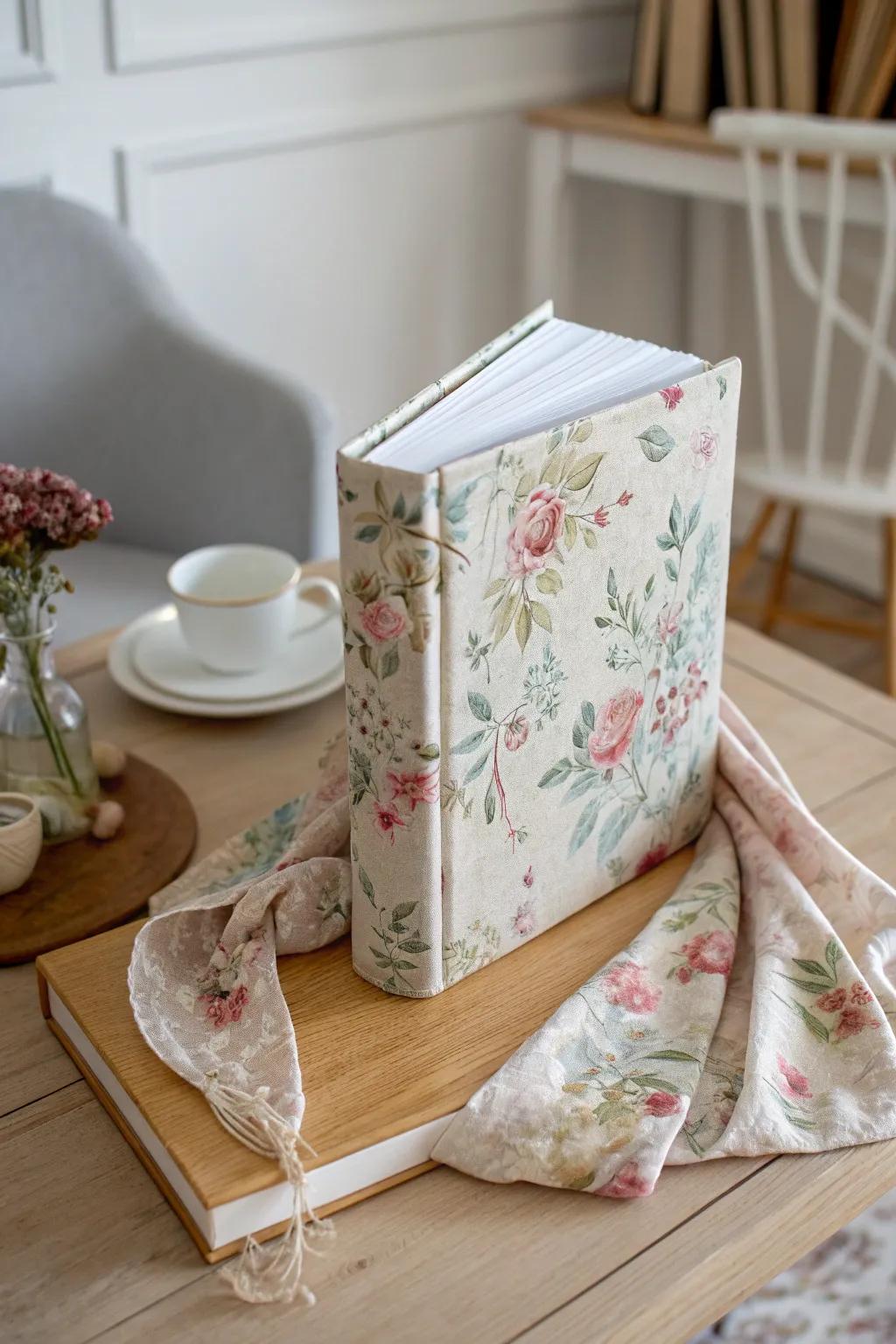 Transform your books into cozy art pieces with vintage fabric covers for a touch of boho elegance.