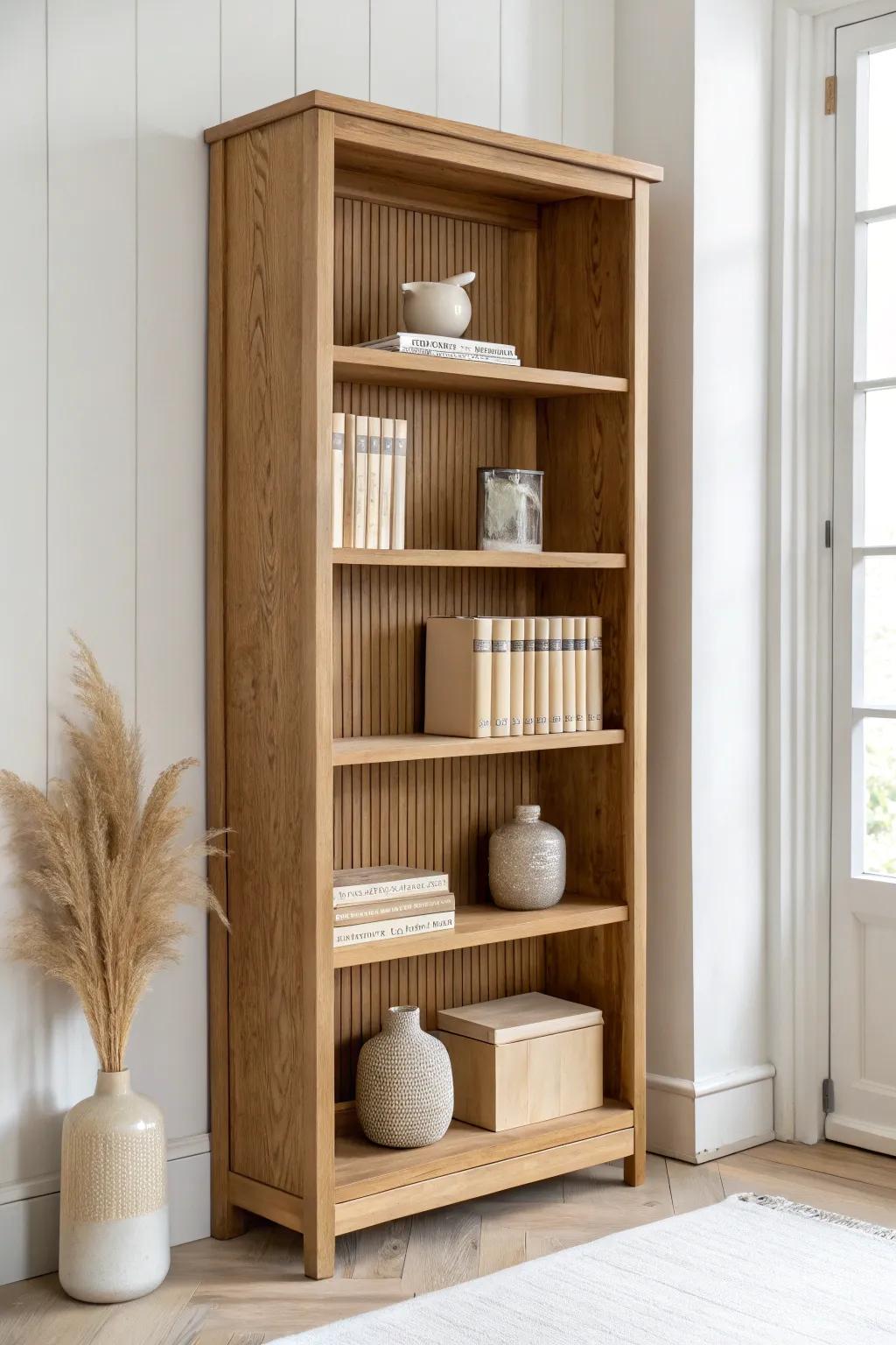 Repeat warm oak, ivory ceramics, and beige books for a calm, cohesive bookcase display.