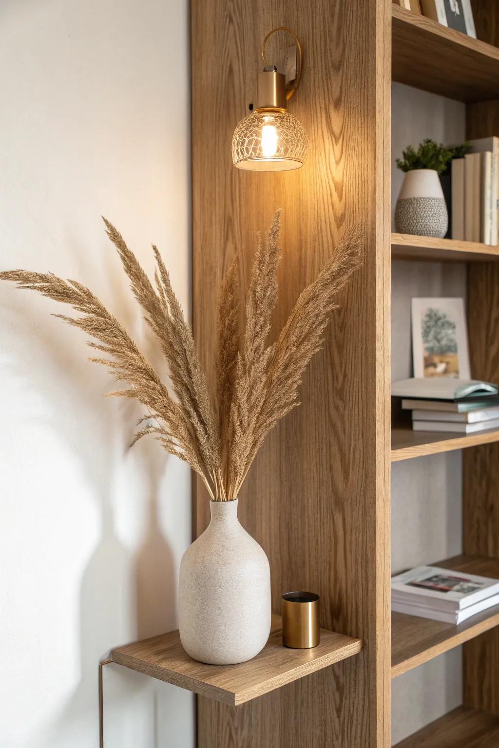 Mini spotlights turn a simple shelf into a warm stage for one beautiful piece.