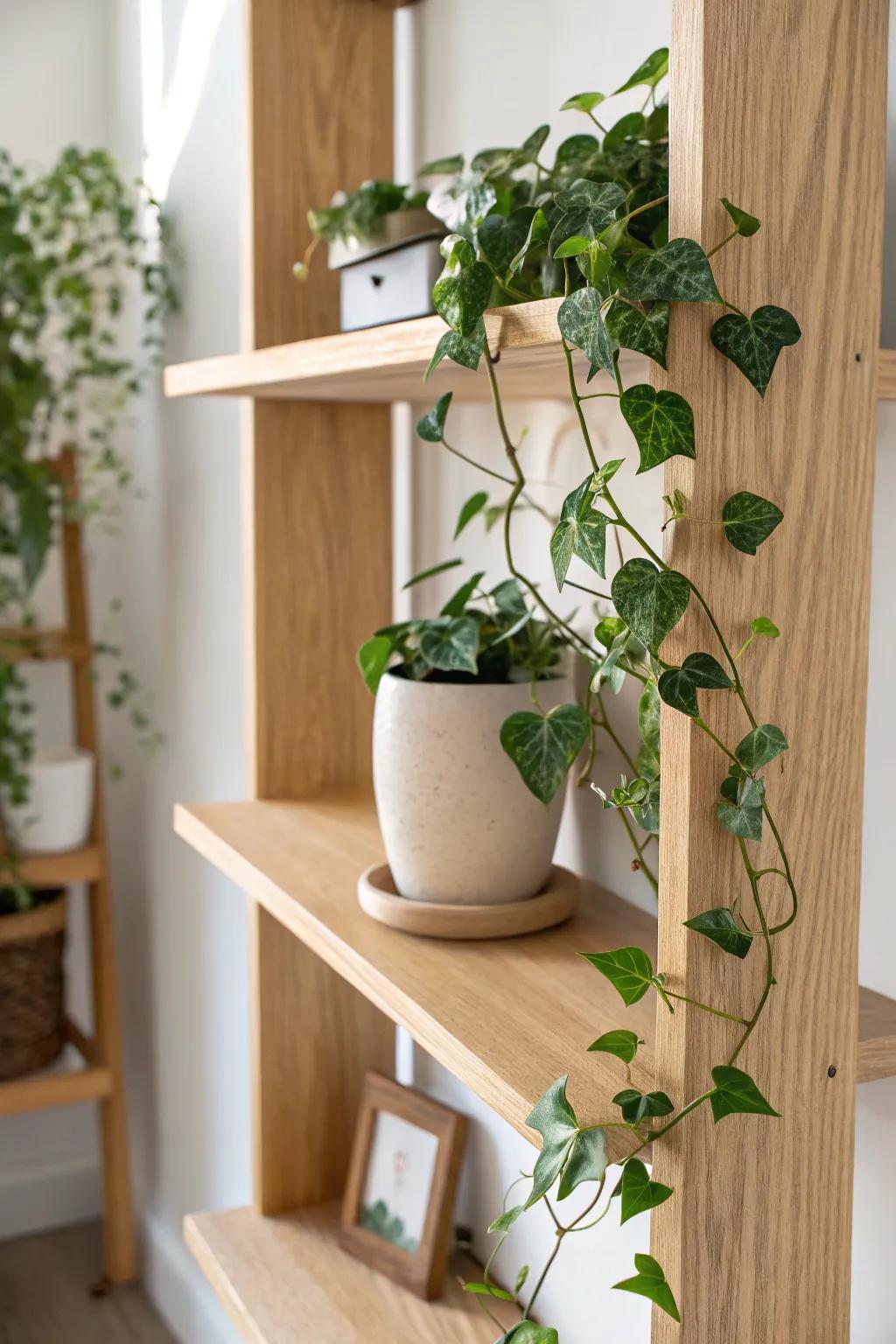 A single trailing plant softens sharp lines, adding calm, lived-in charm to your bookshelf.