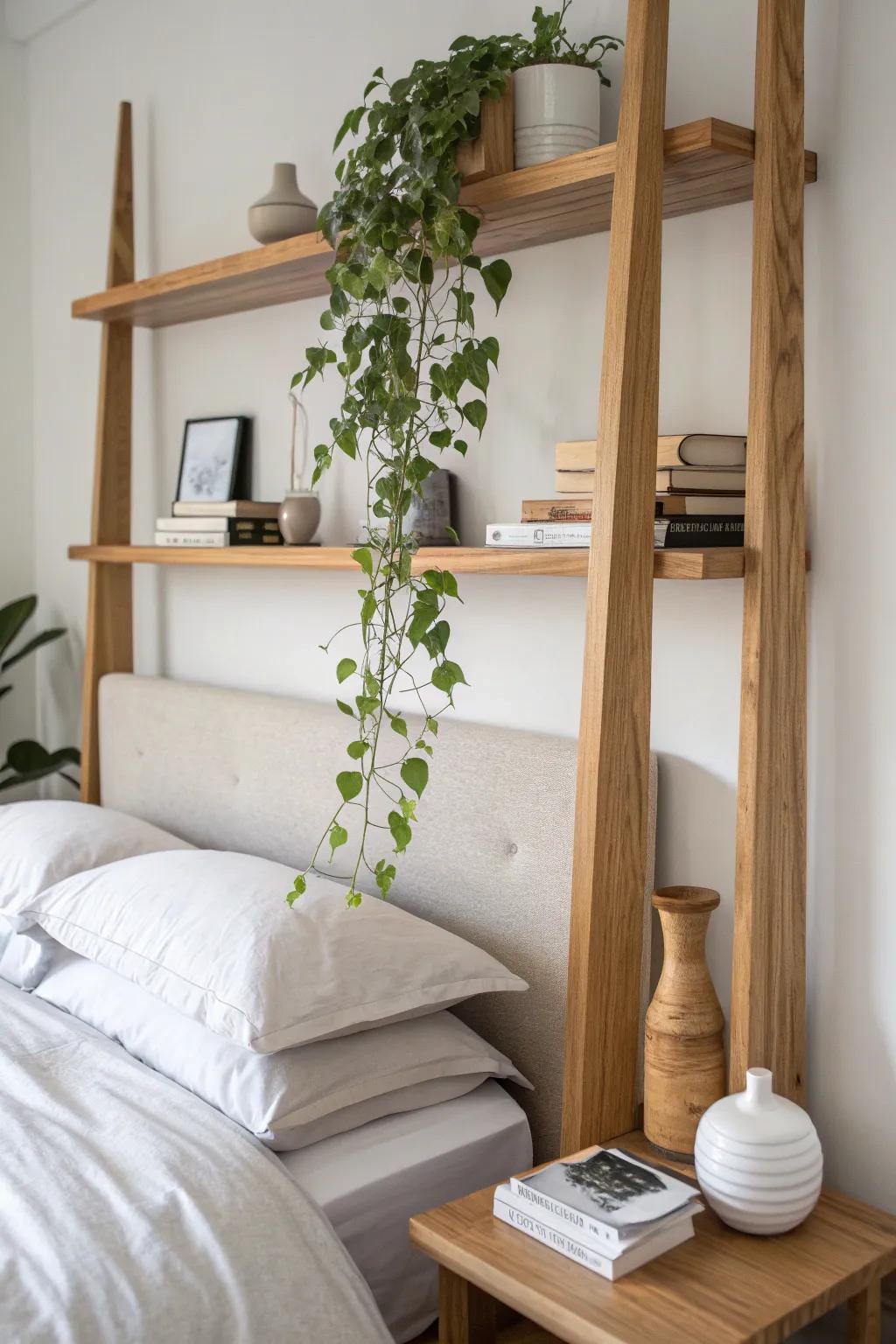 A light-oak bridge shelf over the bed—smart storage, cozy nook vibes, zero floor space lost.