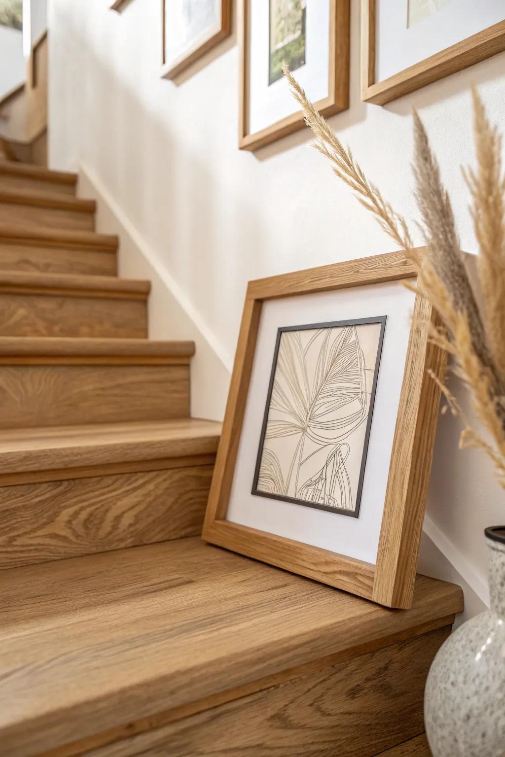 Start your staircase gallery with one warm wood frame at the base—instant custom charm.