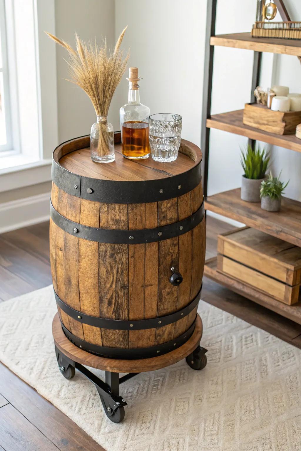 A rolling bourbon barrel bar cart—solid oak, sleek casters, and effortless patio-to-kitchen charm.