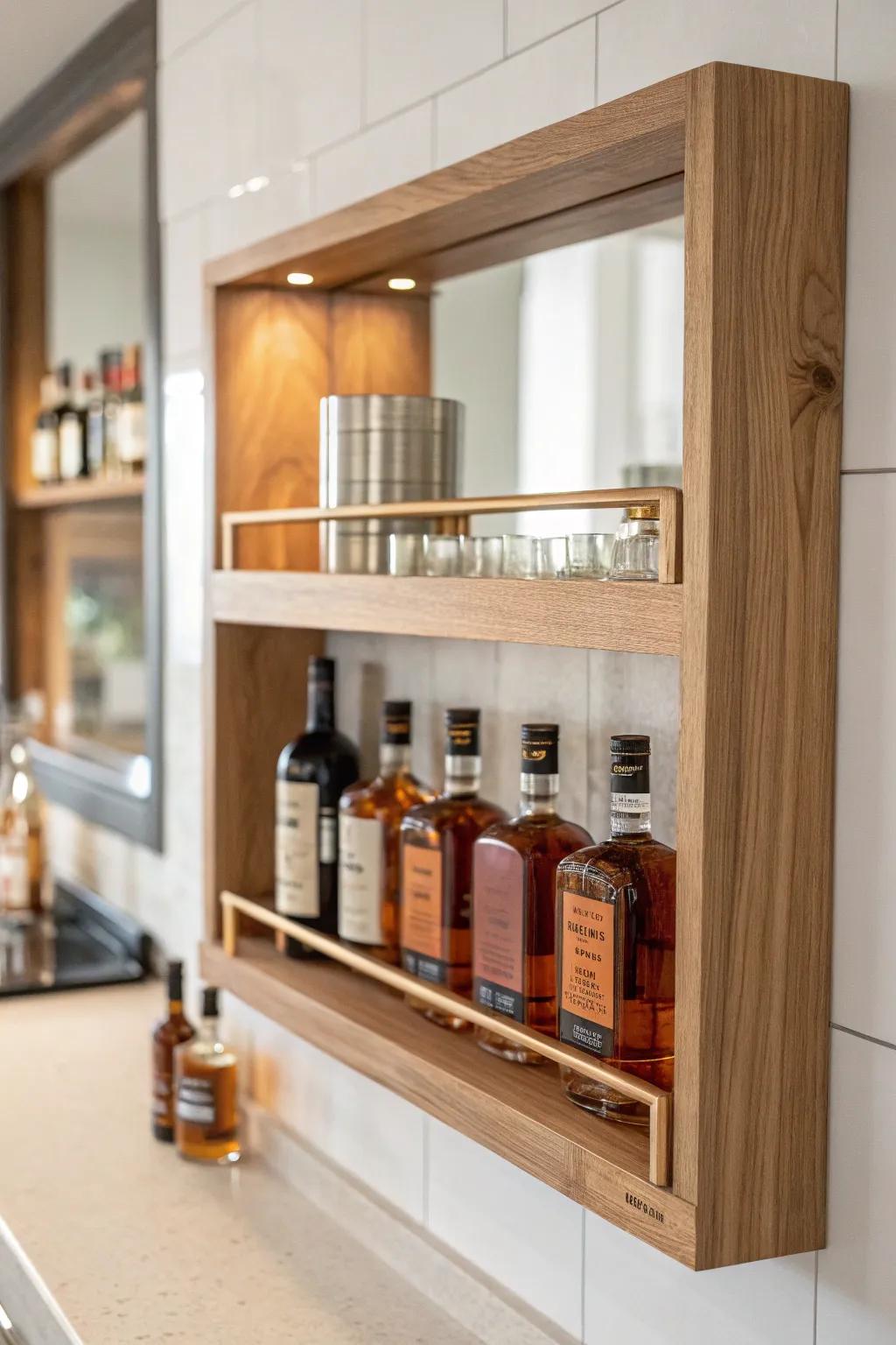 Mirror-backed bourbon shelf: doubles the glow, amplifies your collection, and elevates the bar wall.