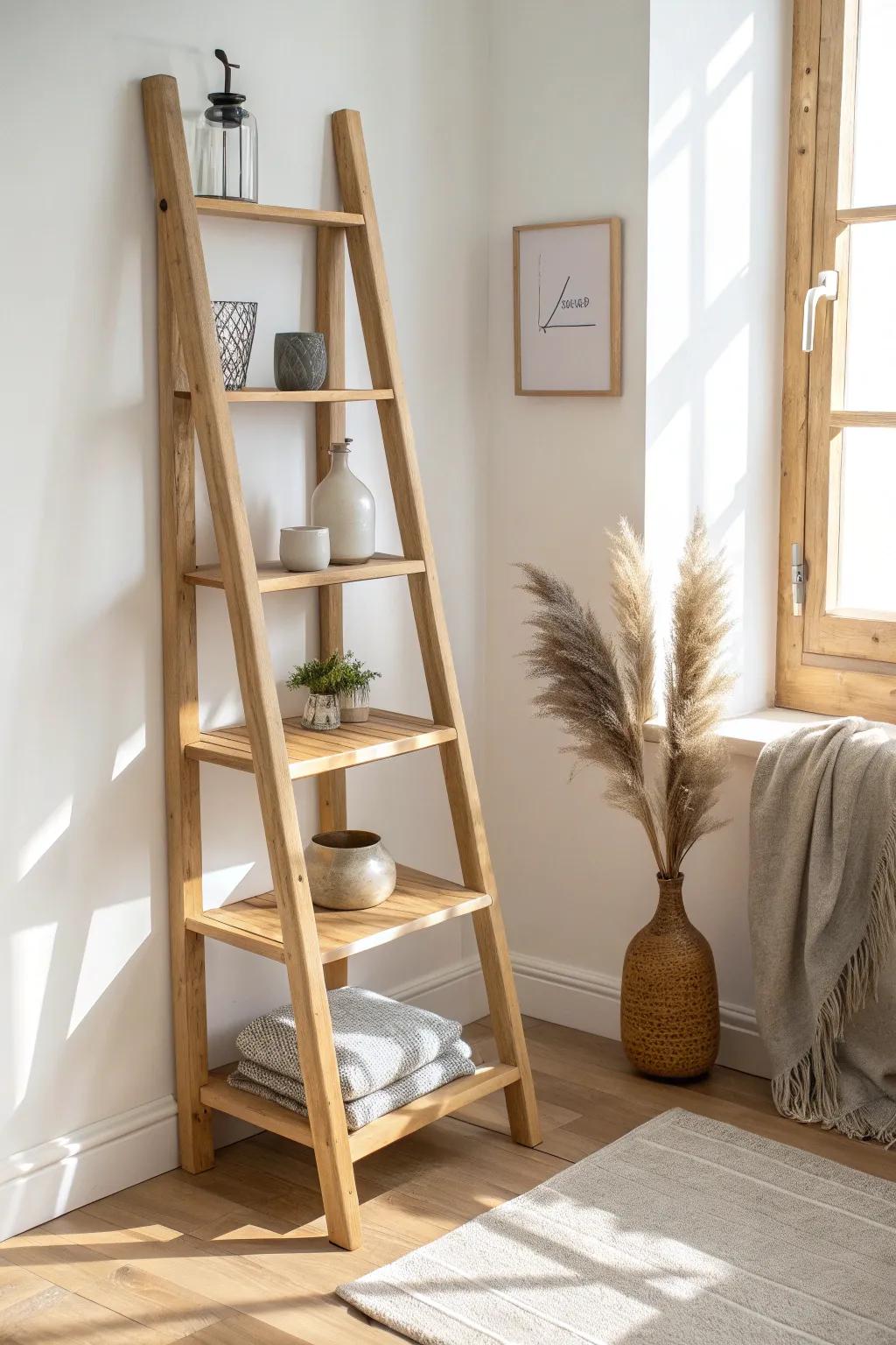 Turn ignored corners into boutique-worthy displays with airy, handcrafted ladder shelves.