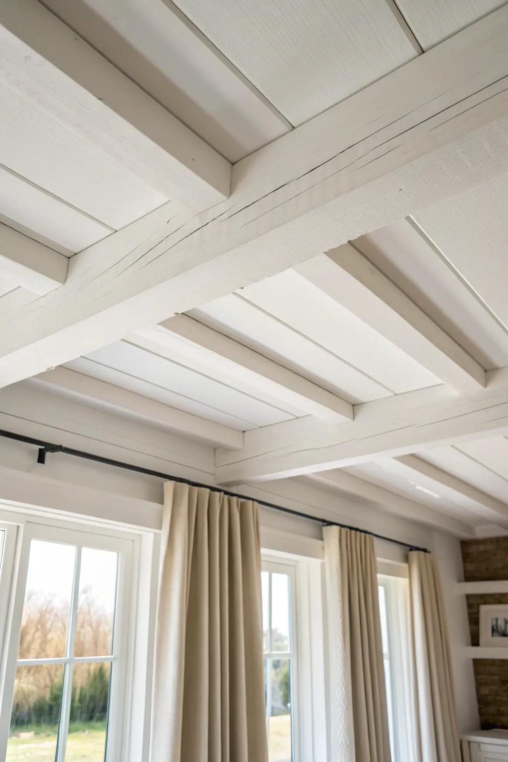 Smooth painted box beam ceiling—polished farmhouse style with clean Scandinavian lines.