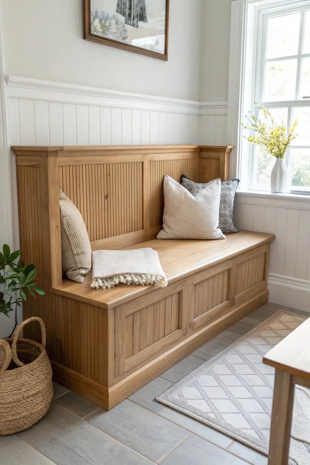 Beadboard-backed nook bench: cozy cottage texture with clean Scandinavian simplicity.
