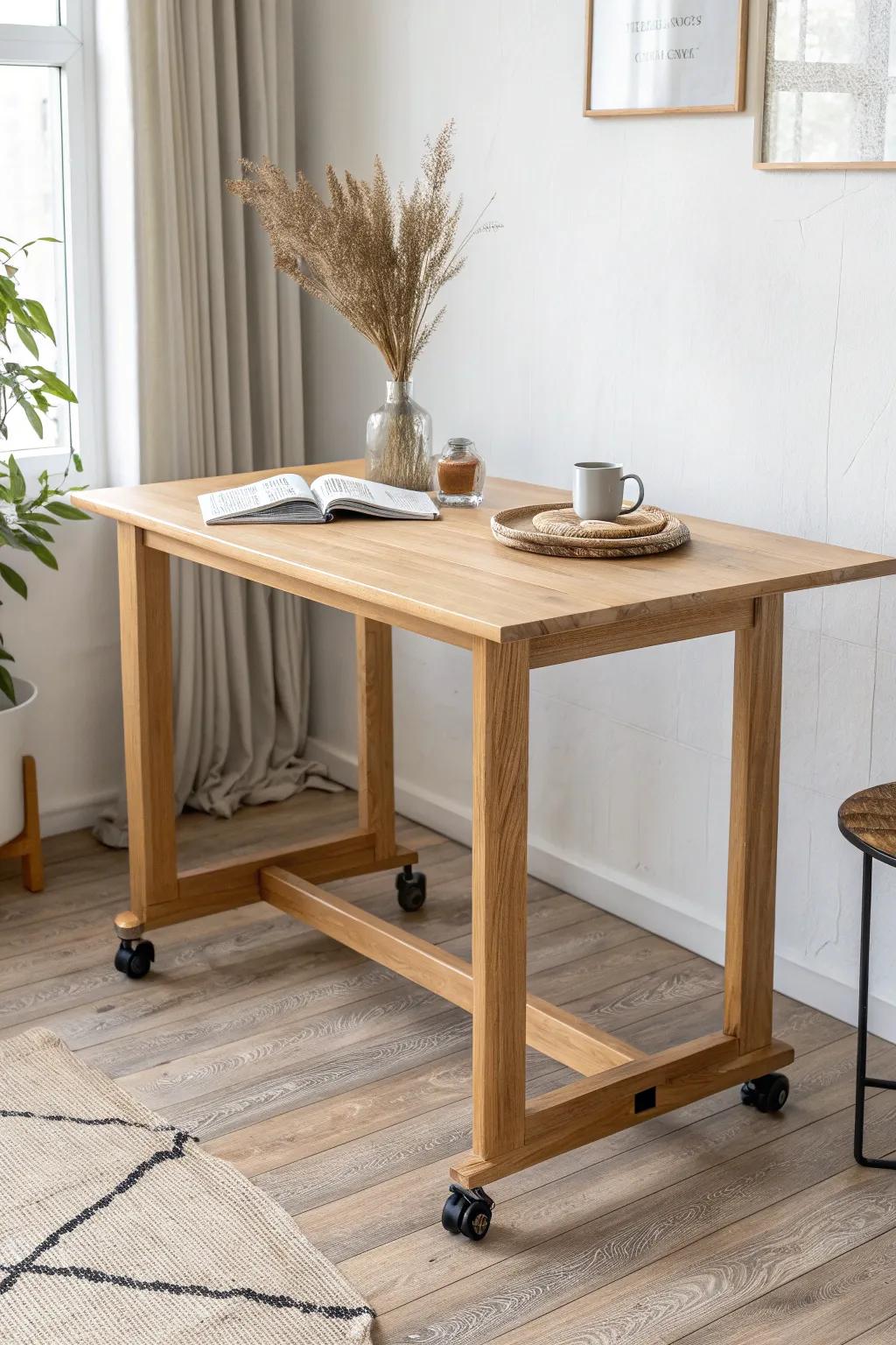 Mobile oak two-top on locking casters—stable, minimalist, and ready to roll together or apart.