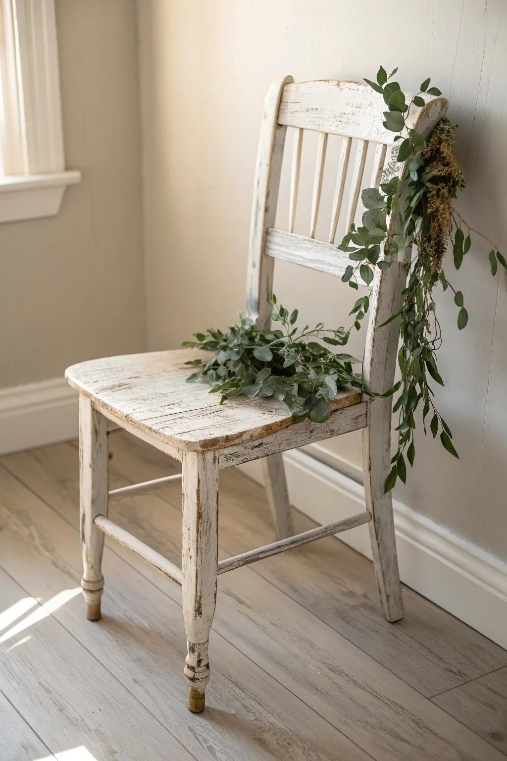 Whitewashed farmhouse chair with eucalyptus garland—an easy bridal shower photo moment.