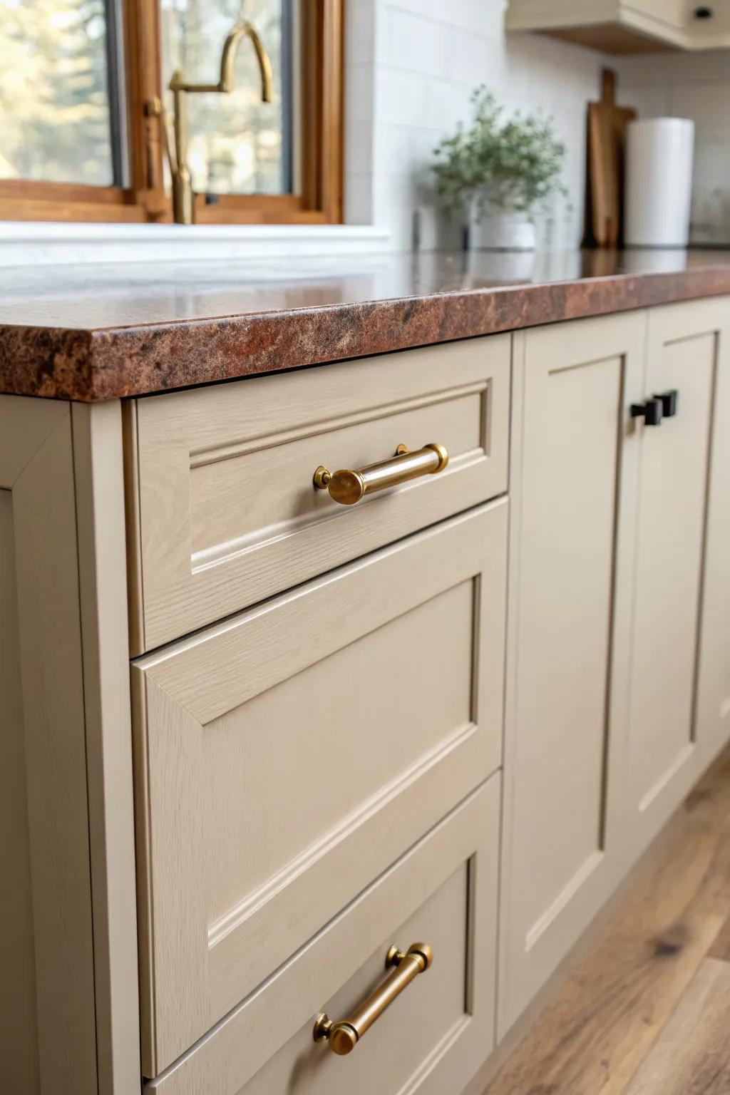 Greige shaker cabinets meet a warm brown countertop—perfect harmony for mixed undertones.