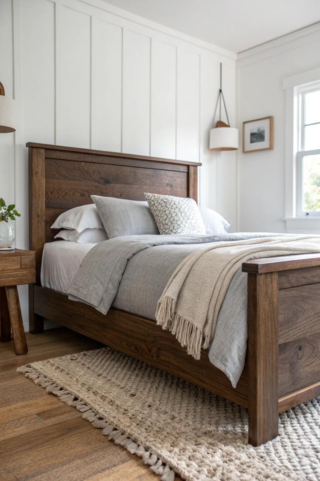 Light gray linens cool a dark brown headboard—modern contrast that lets the wood shine.