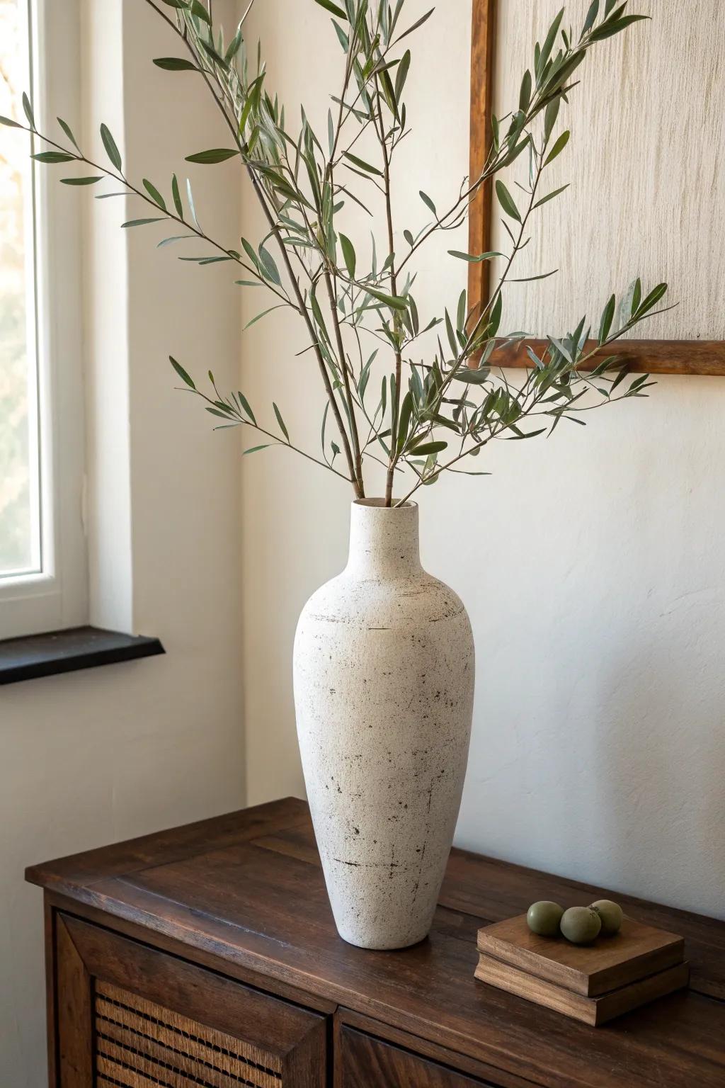 A tall vase of fresh greenery instantly brings life and softness to a warm wood buffet.