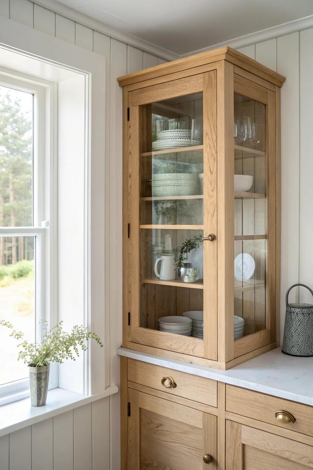 Upper corner glass-front cabinet in pale oak—turn your dishes into airy, light-filled décor.