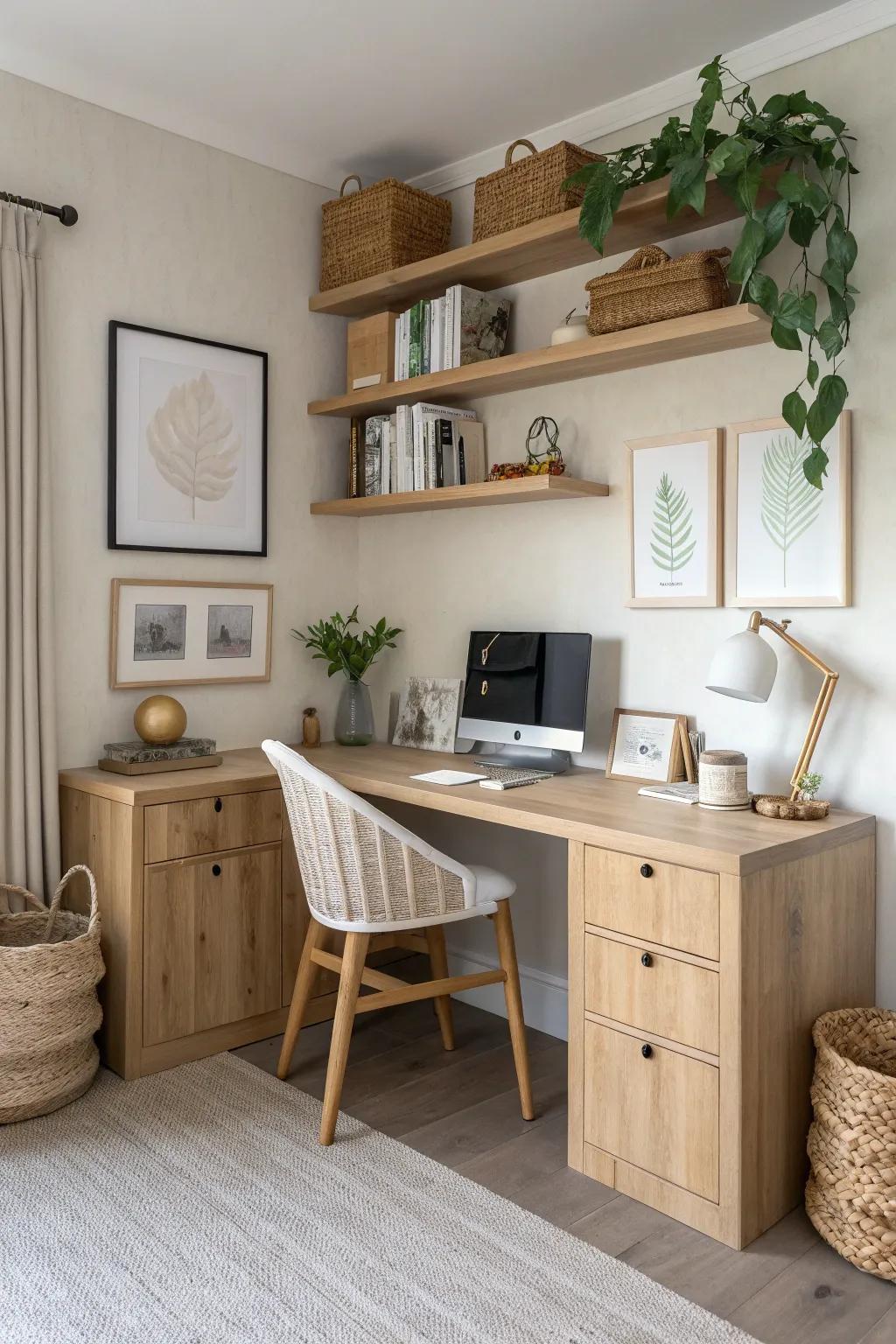 Light oak corner desk framed by floating shelves—baskets + greenery for a cozy, airy nook.