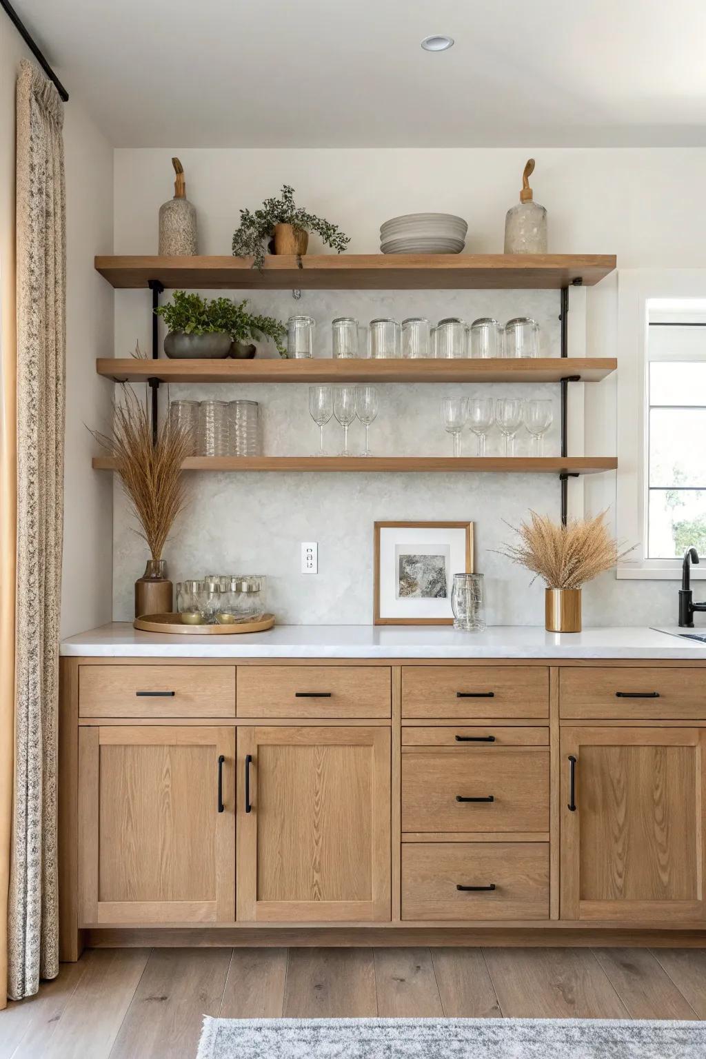 Lower cabinets keep it tidy, while beam-like open shelves add effortless dry bar style.