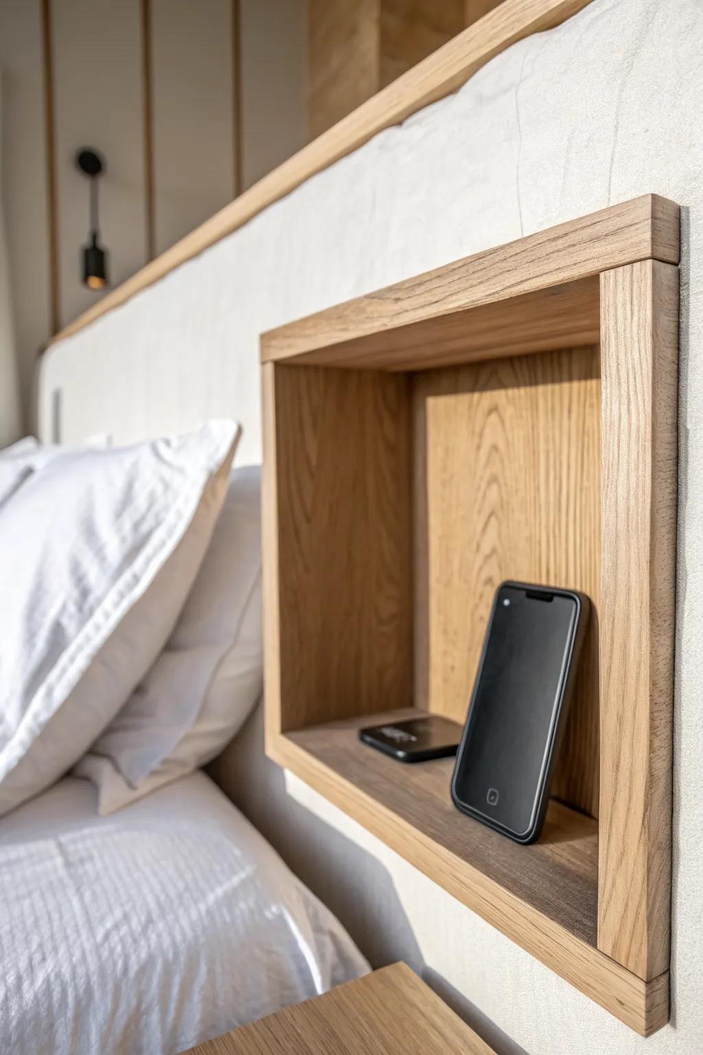 Sleek recessed niche headboard cubby—crafted in light oak—keeps your phone close and spills away.