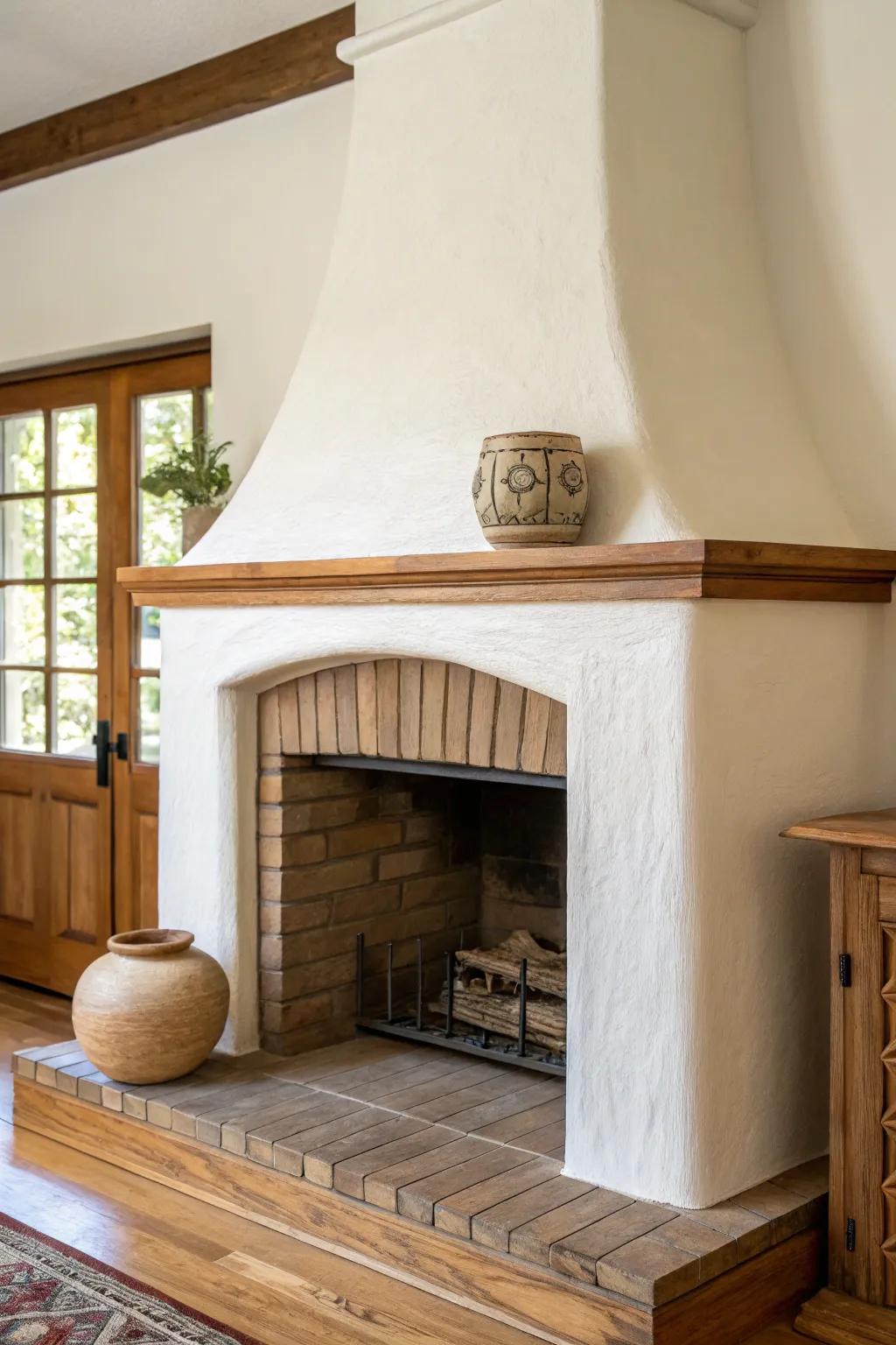 A tapered plaster chimney breast and grounded stained-wood mantel for cozy bungalow charm.