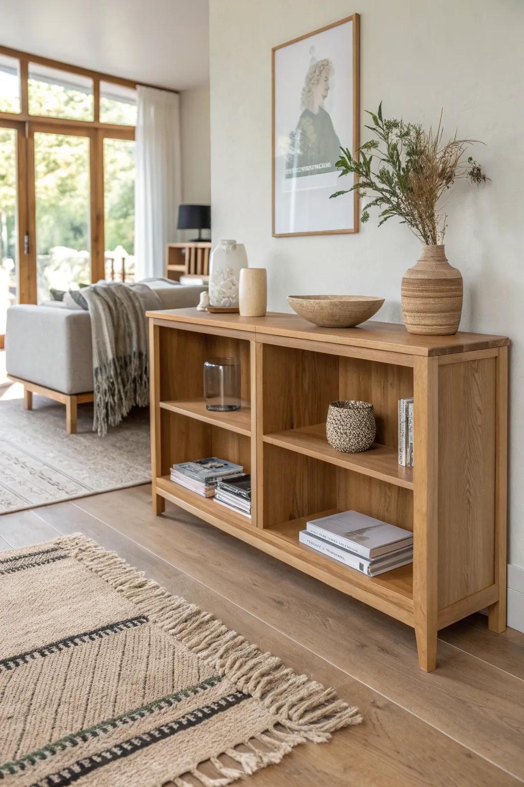 Layered rugs + a low oak console softly zone an open bungalow living-dining room.