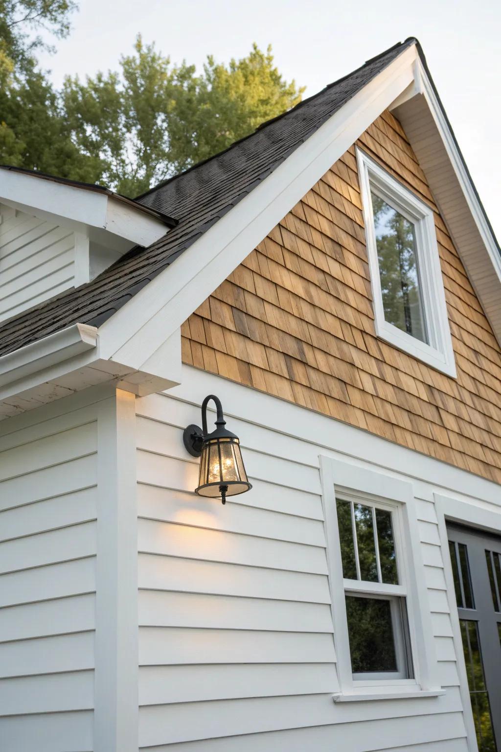Clapboard meets cedar shingles—simple bungalow texture with warm, handcrafted contrast.