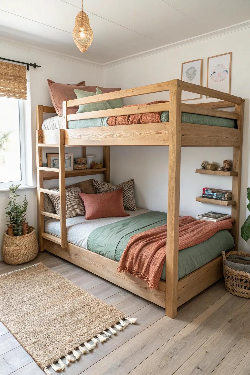 L-shaped corner bunk in light oak—two cozy zones and more floor space for play.