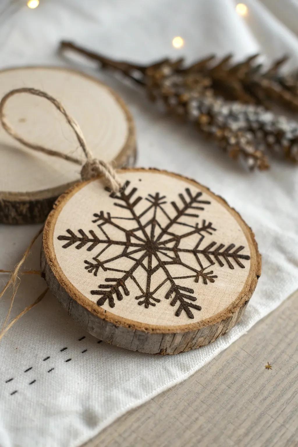 Burnt-wood snowflake ornament on pale birch—simple, cozy, and beautifully handmade.