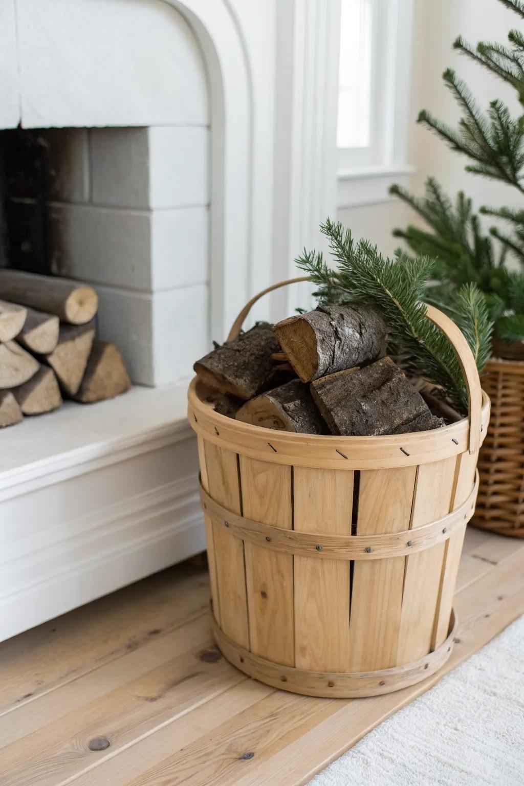 Firewood in a bushel basket with an evergreen sprig—simple hearth styling that feels instantly cozy.