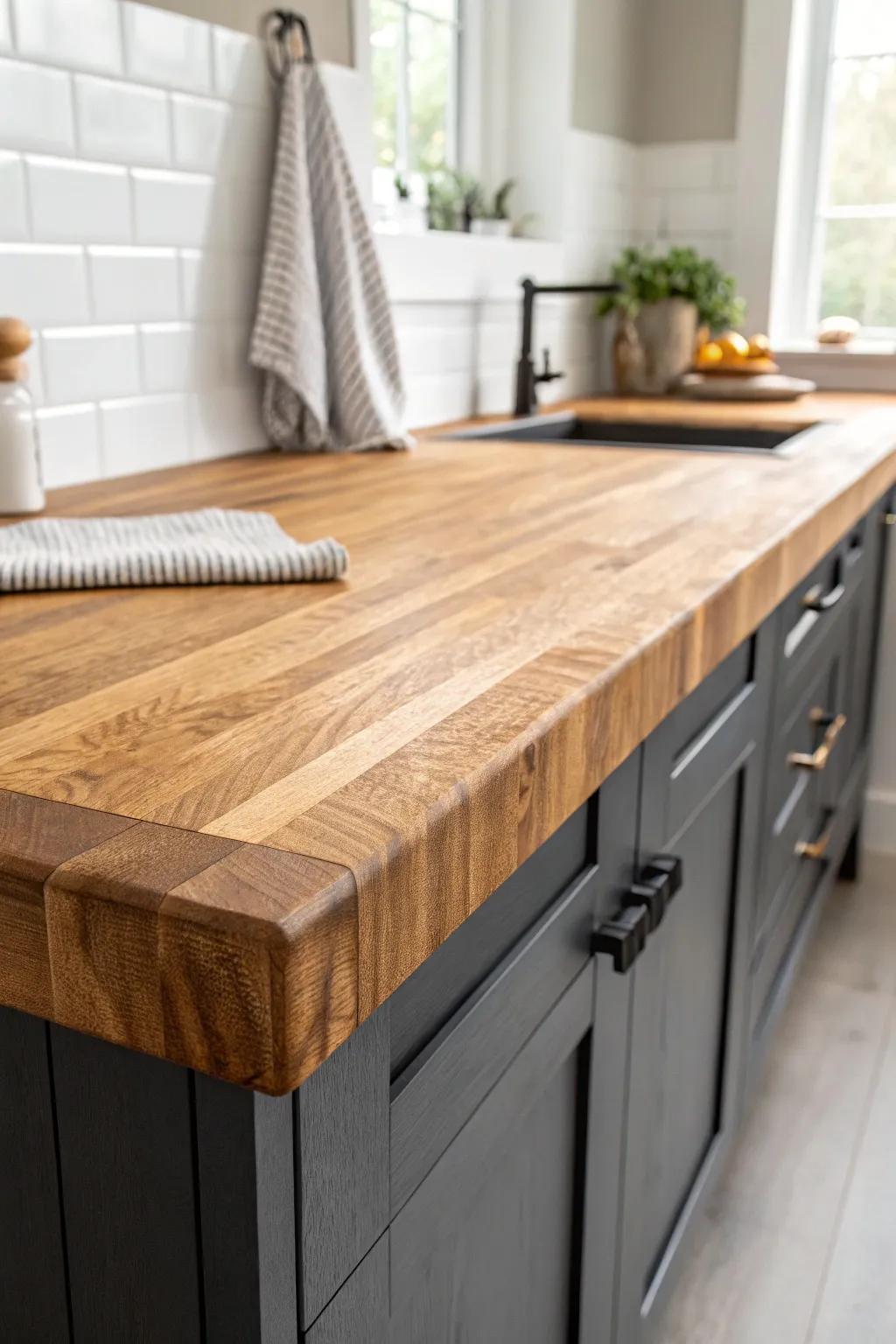 Warm butcher block bar top paired with matte charcoal cabinets for a chic two-tone contrast.
