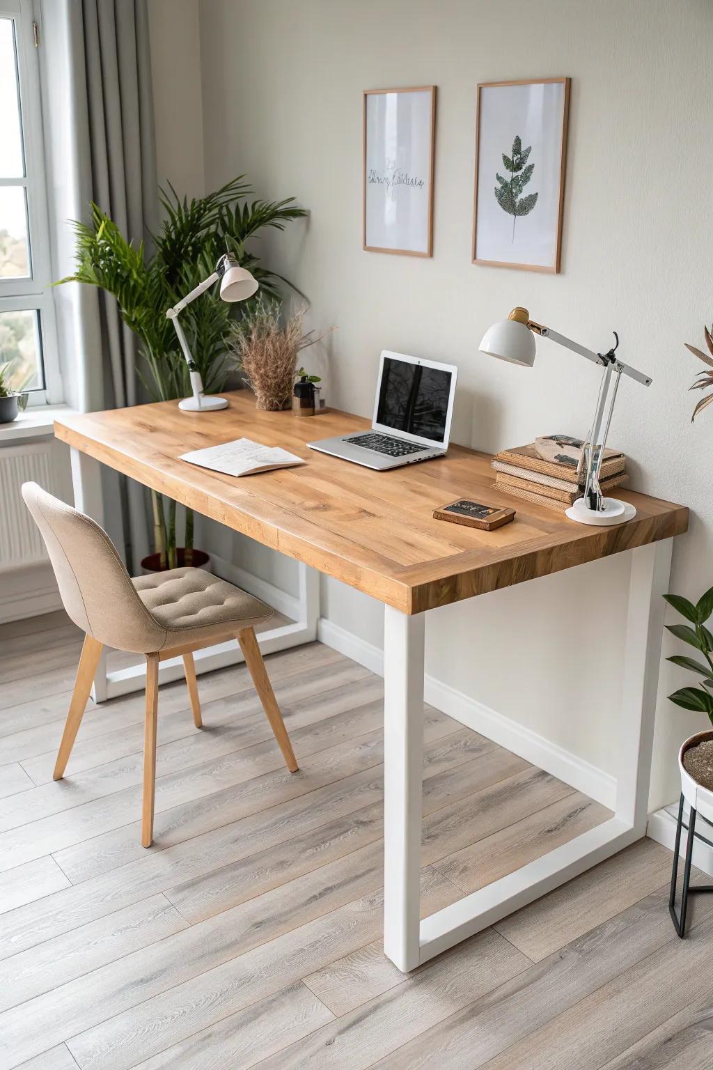 A simple butcher block desk top that adds warmth, durability, and a grown-up finish.