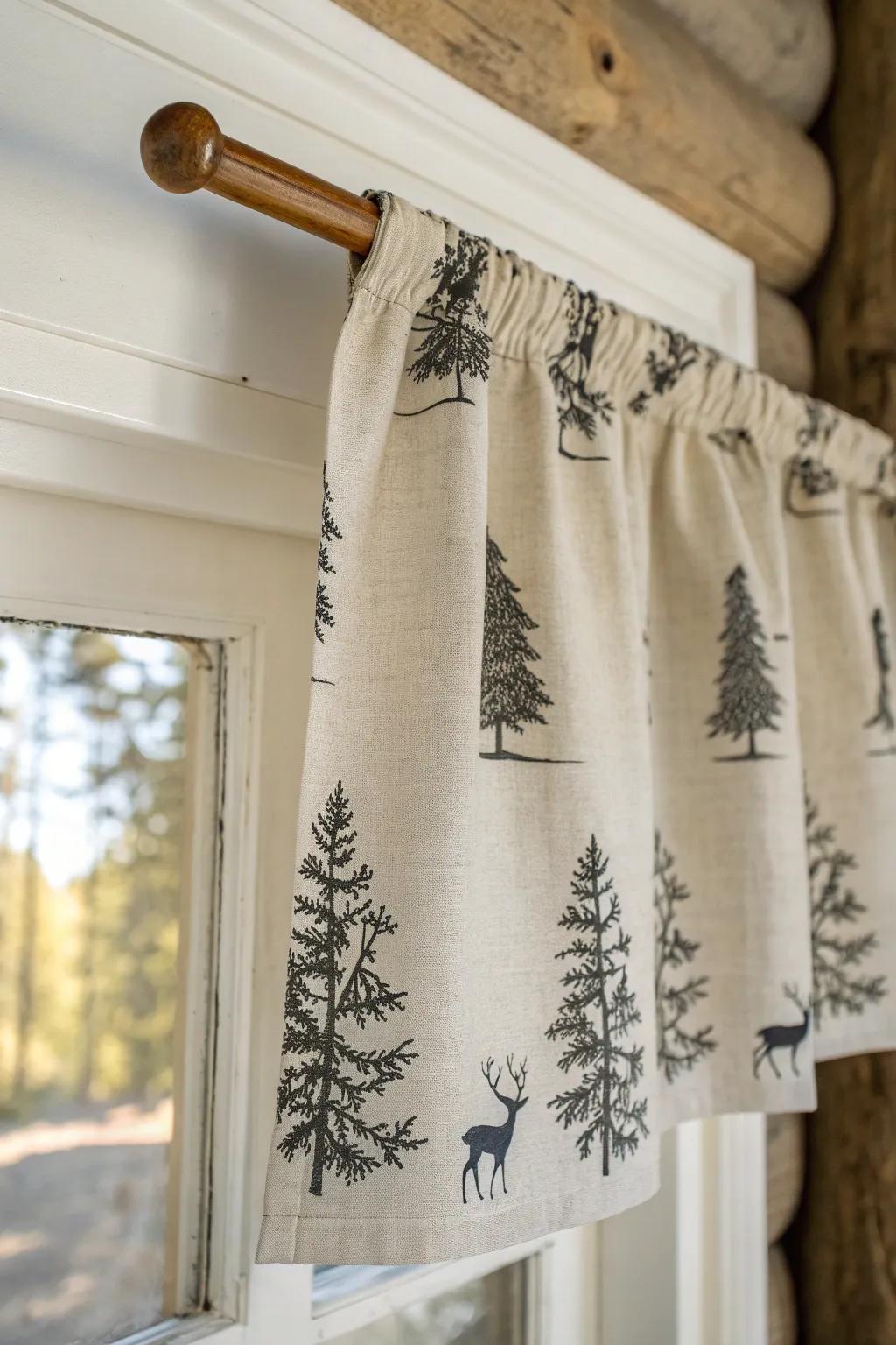 Wildlife-print valance on a hand-turned oak rod—playful cabin charm, clean and grown-up.
