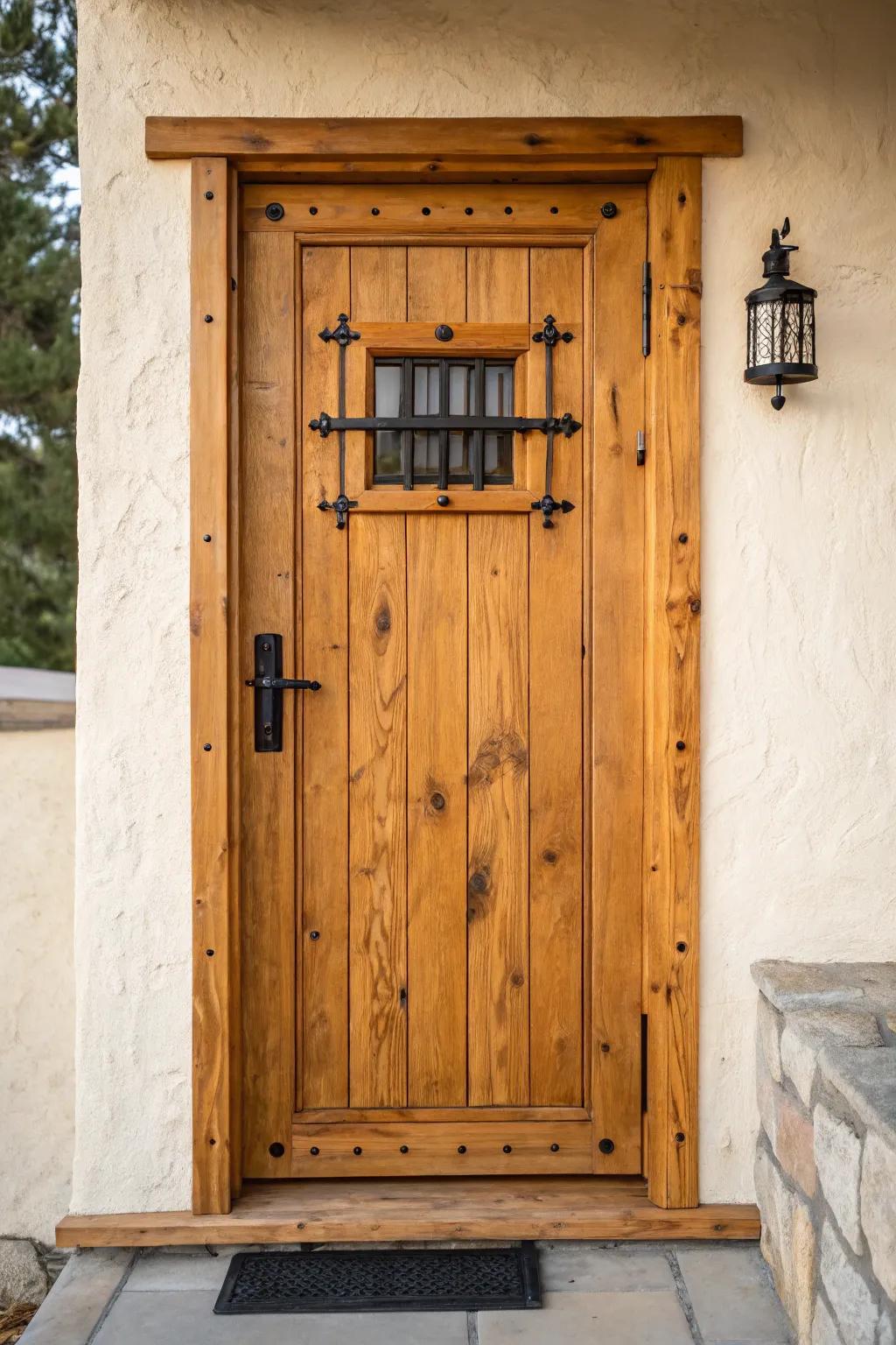 Cabin door upgrade: a speakeasy view port with iron grill for charm, safety, and a peek out.