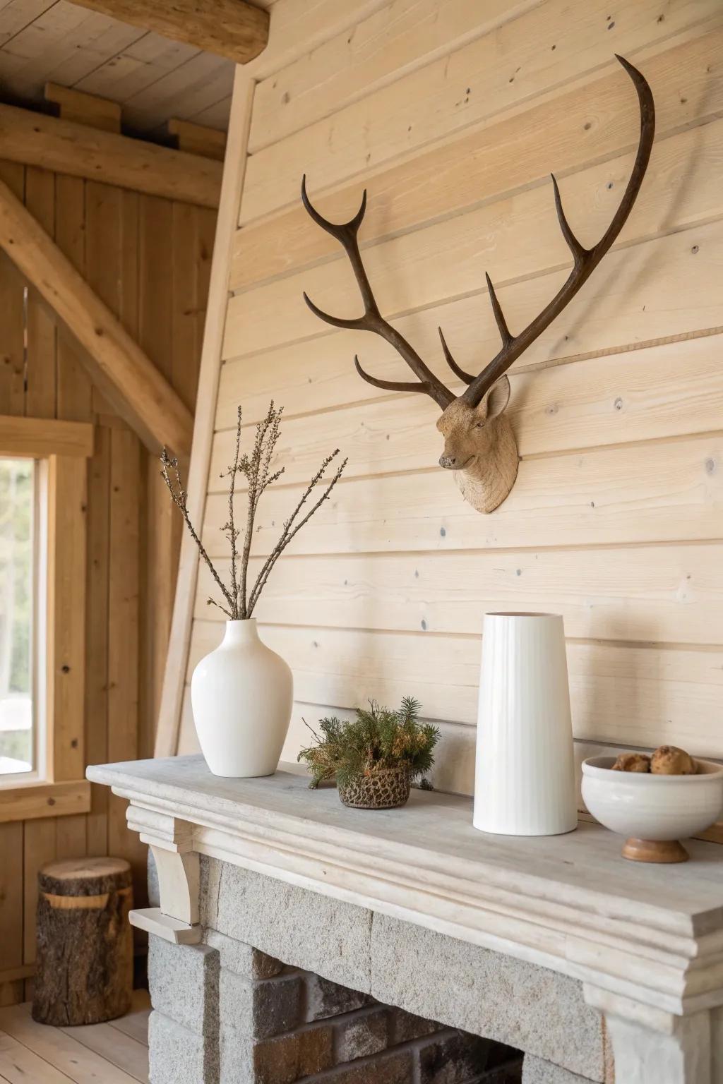 Antlers above a calm white pottery vignette—classic cabin mantel decor with clean lodge charm.