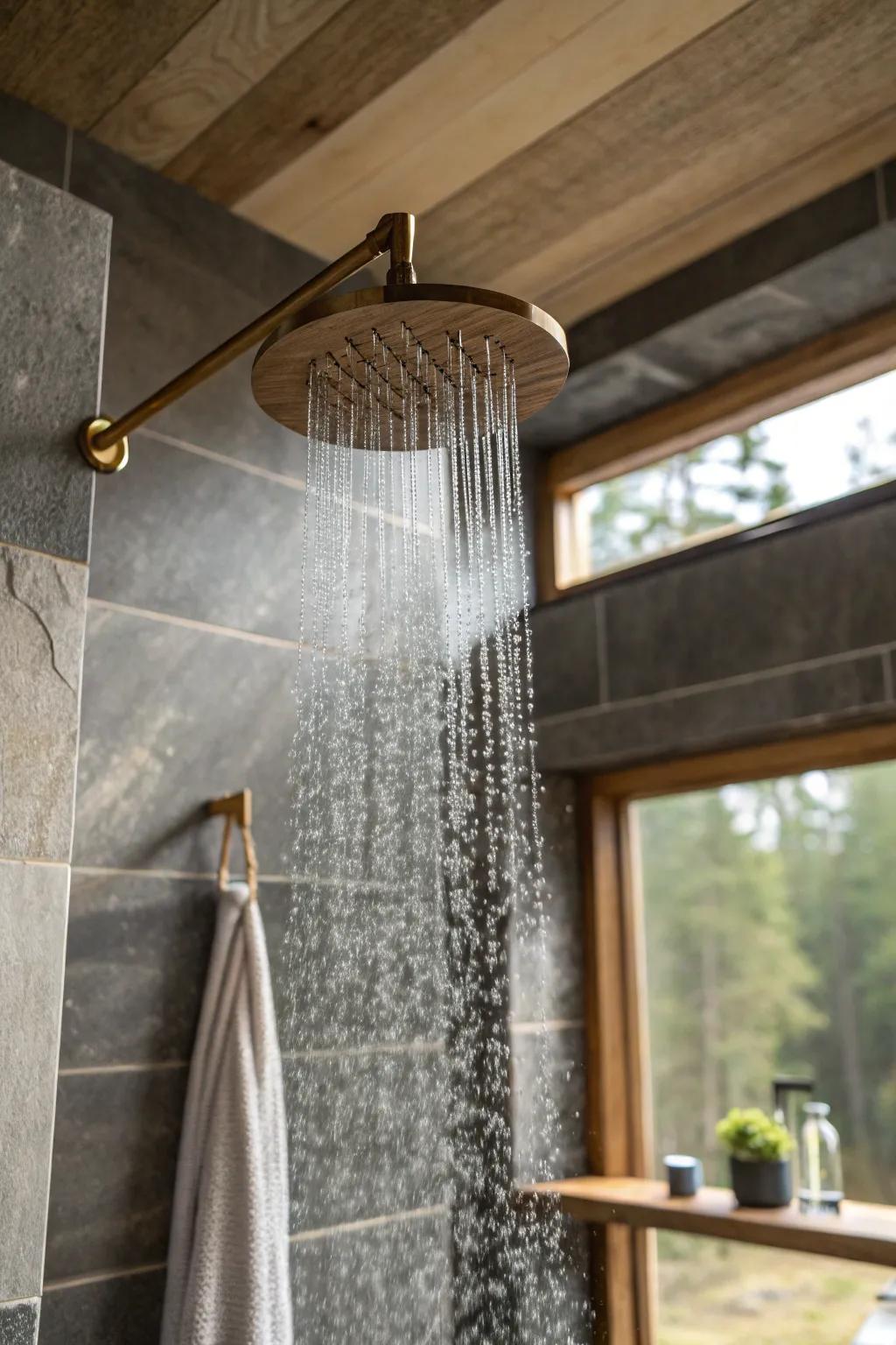 Turn a simple cabin shower into a spa moment with a rain head and soothing stone backdrop.