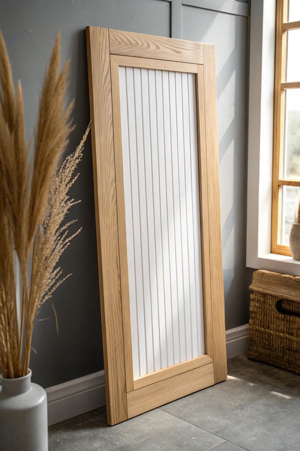 Beadboard center panels bring cottage texture, perfectly balanced by a simple Scandinavian frame.