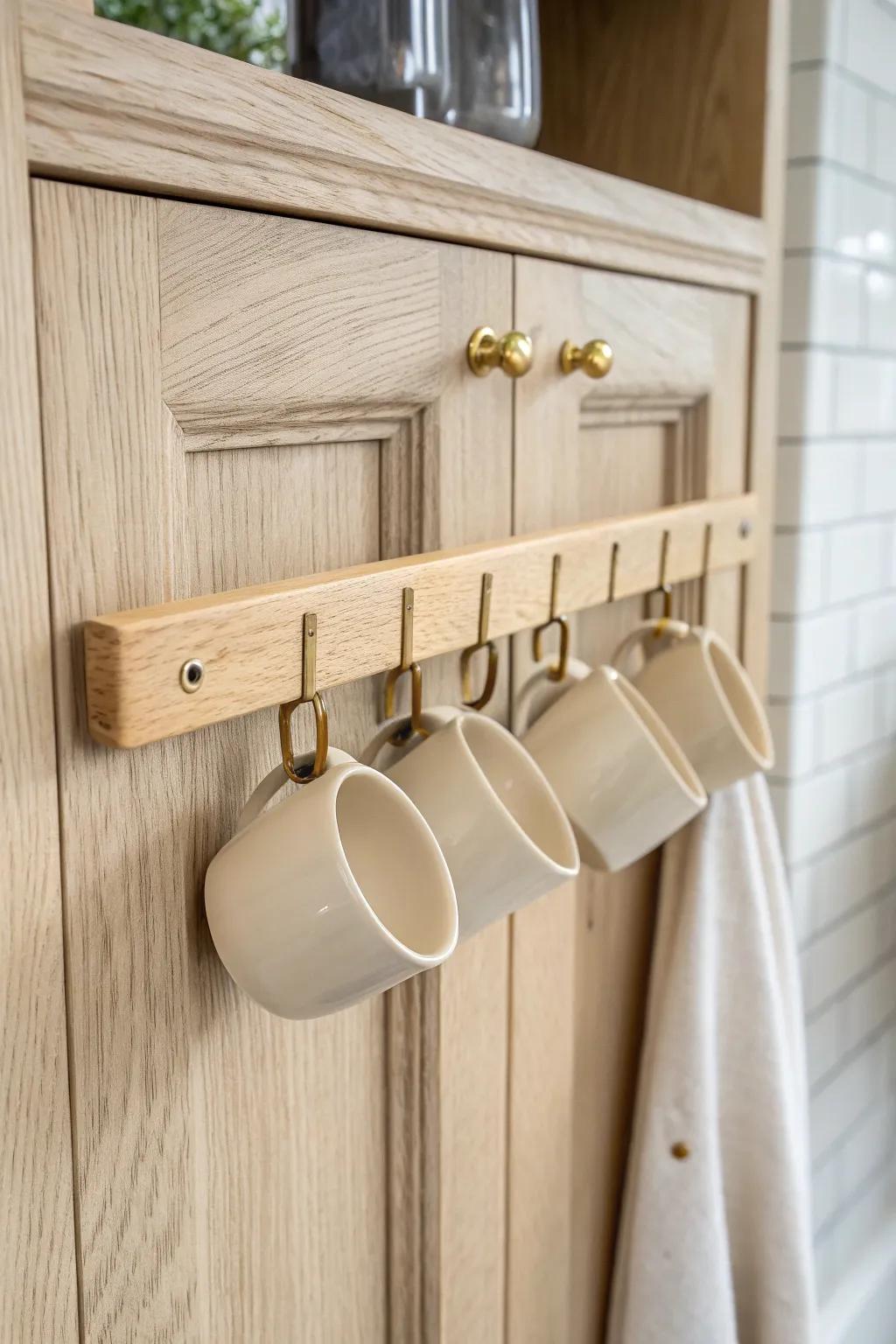 A simple hook strip inside the cabinet door keeps measuring cups tidy, pretty, and easy to grab.