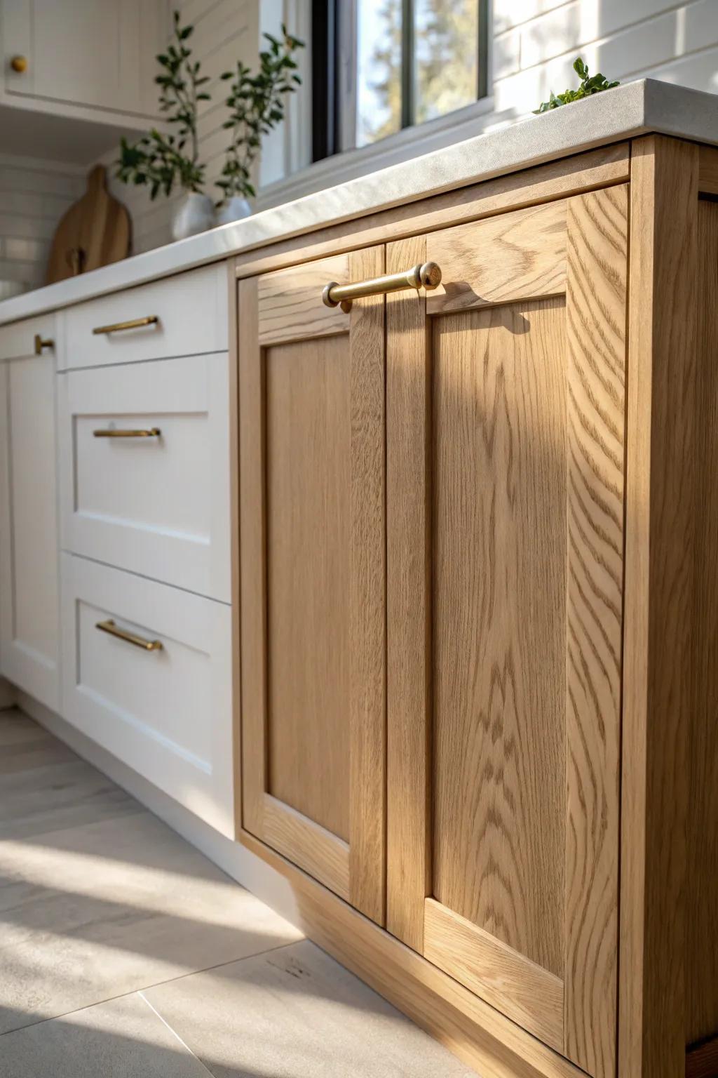 Sunlit oak Shaker door with brass pull—California calm, minimalist lines, crafted to last.