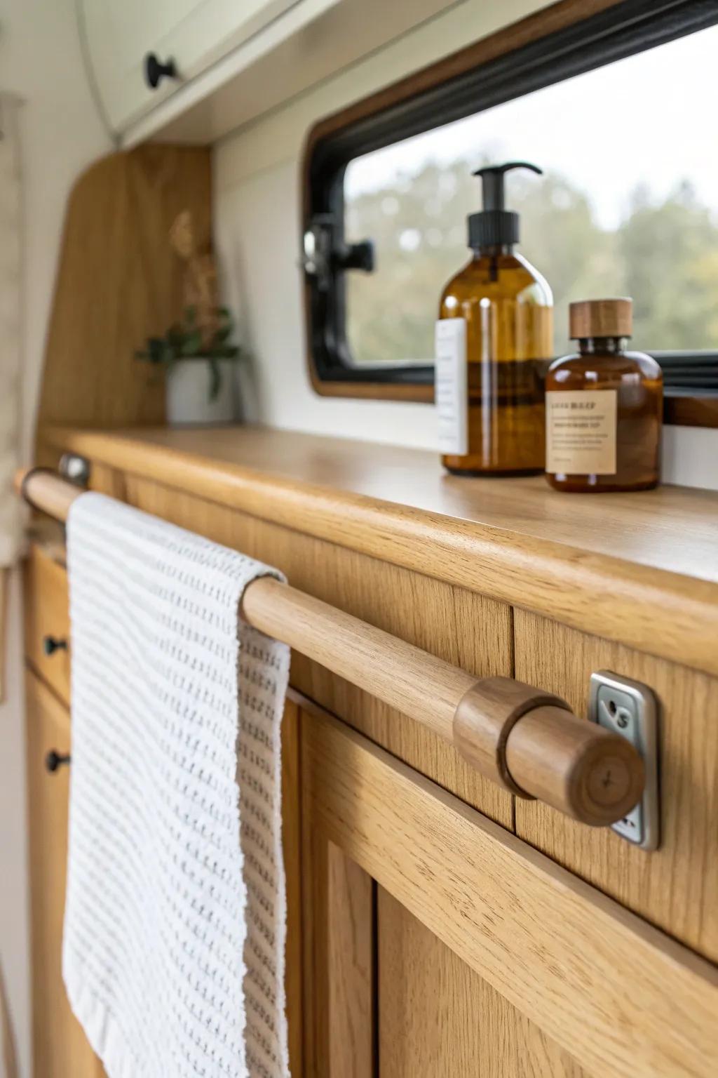 A simple tension rod keeps camper cabinet bottles and cans secure on travel days.