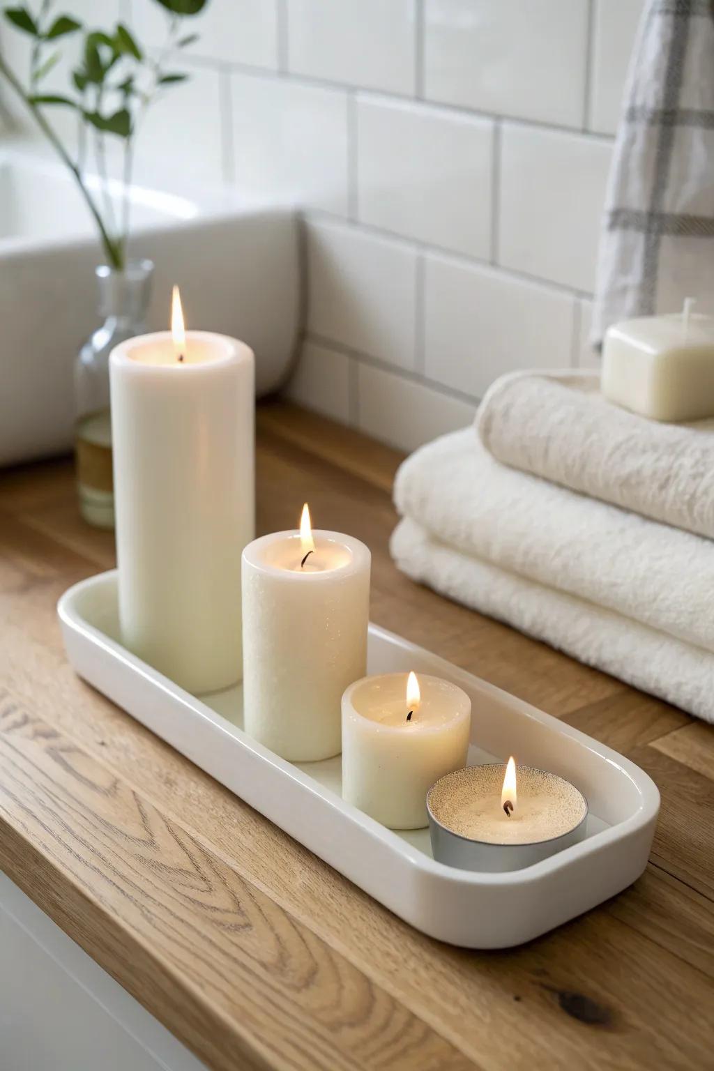 Minimal white tray with three candles for a clean, bright spa vibe on warm oak.