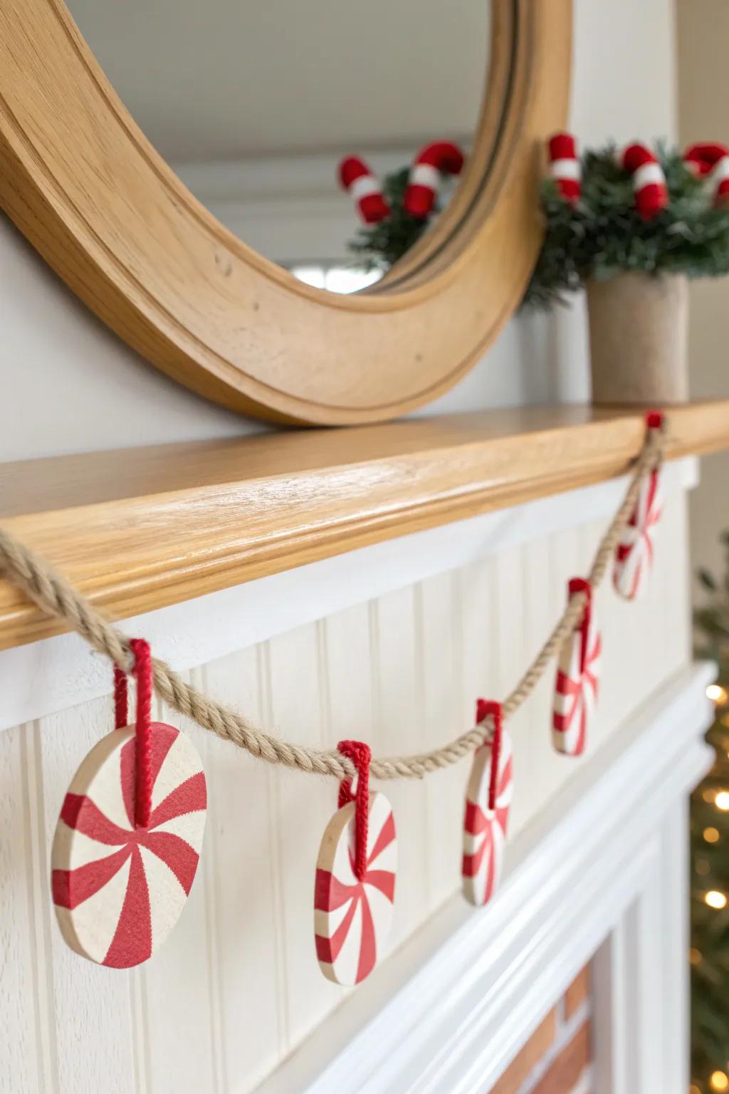 Peppermint-inspired wooden candy cane garland—minimal, boho, and handmade from scrap plywood.