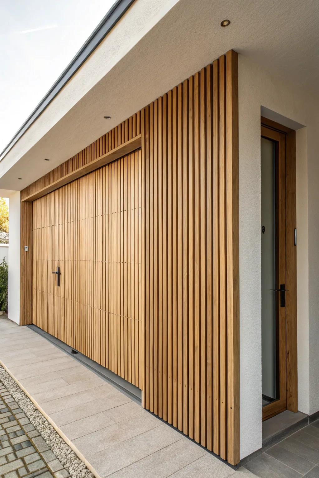 Sleek vertical oak slats add a taller, modern architectural look to any carport door.