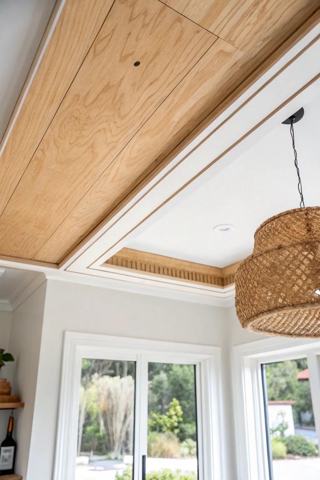 A simple plywood soffit drop frames the height change and hides ductwork with crisp style.