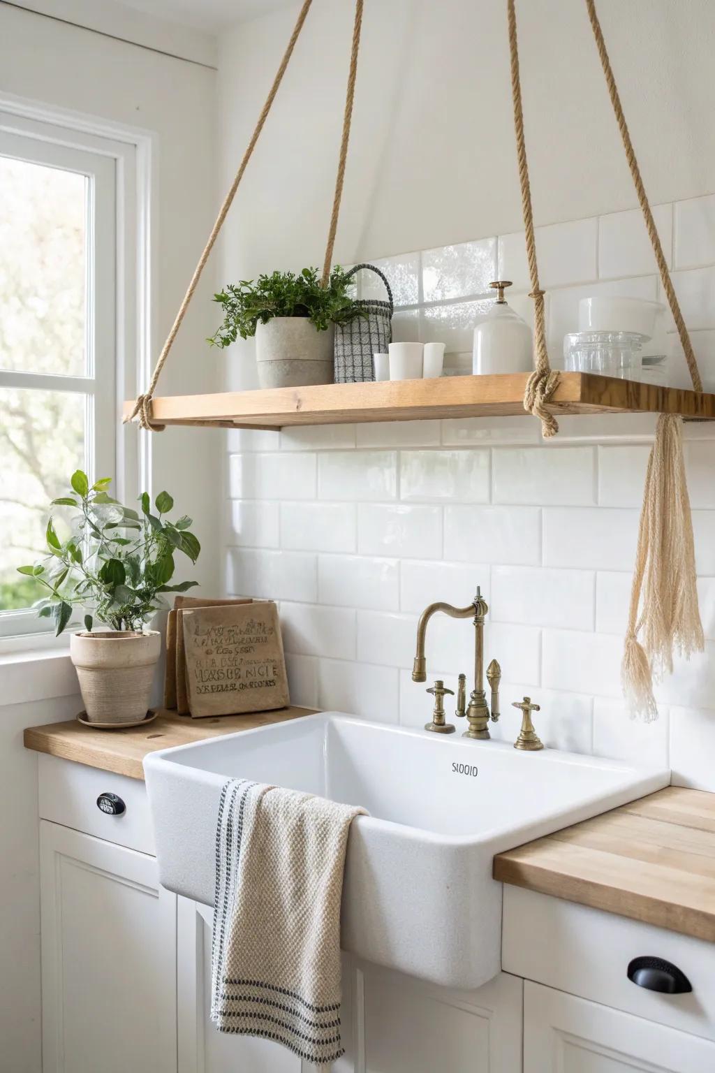 A slatted oak ceiling shelf over the sink adds calm storage and a chic drying spot.