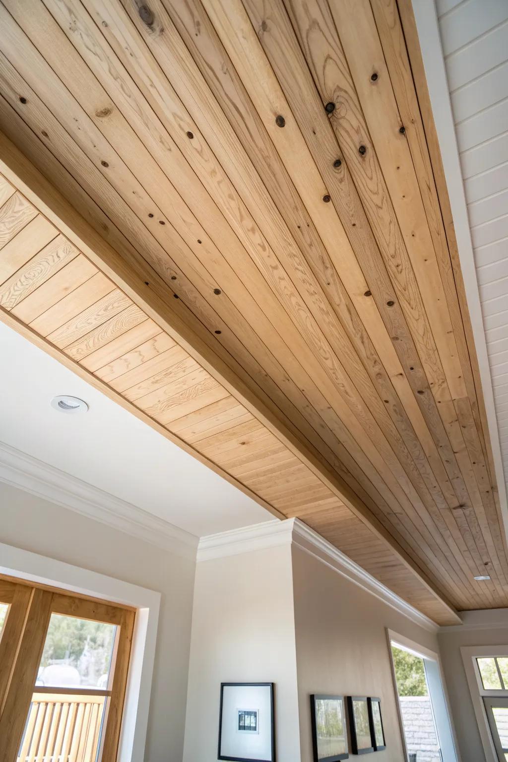 A subtle tongue-and-groove direction shift creates a clean, crafted ceiling border.