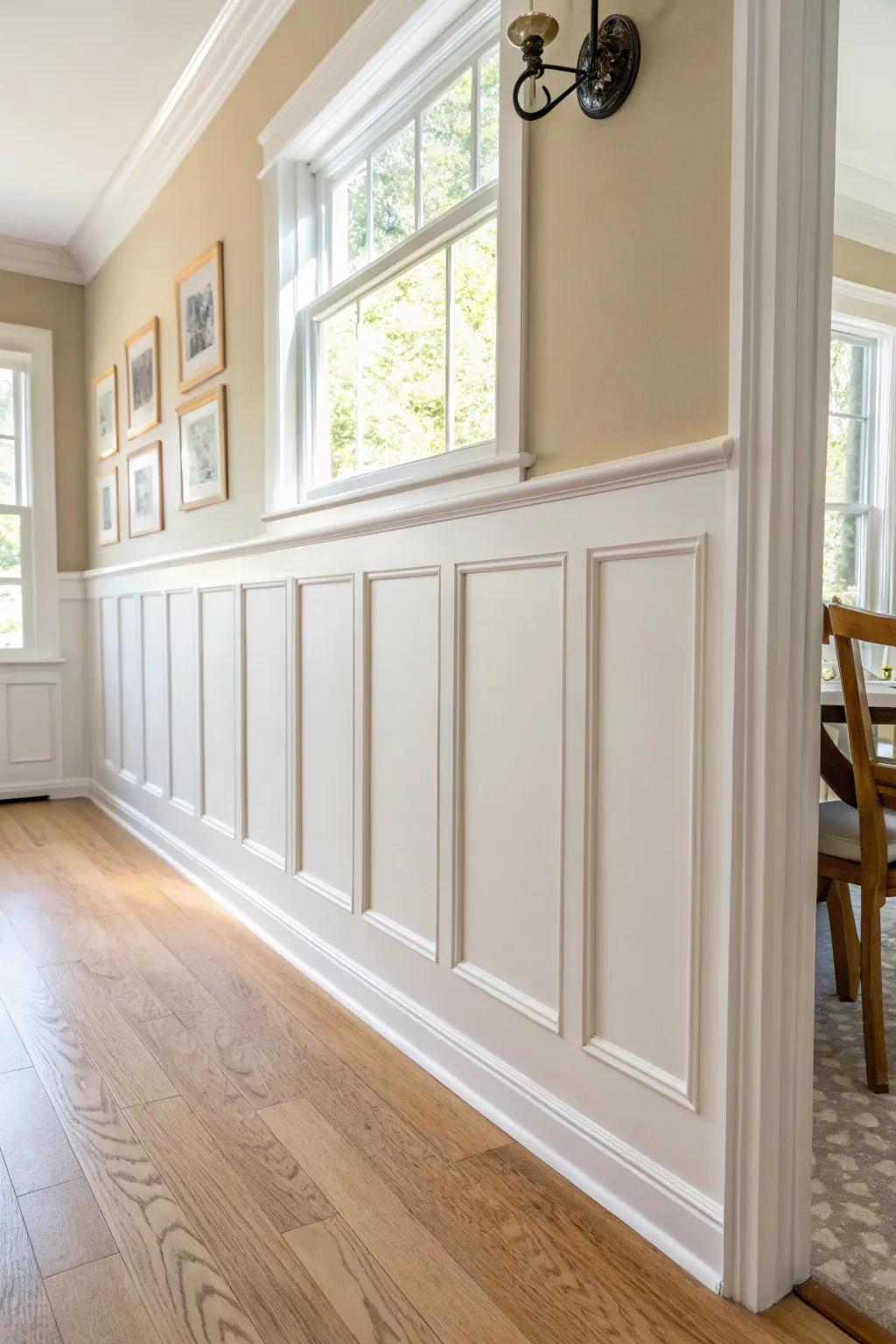 Raised panel wainscoting + chair rail for a timeless, formal dining room look—simple yet luxe.