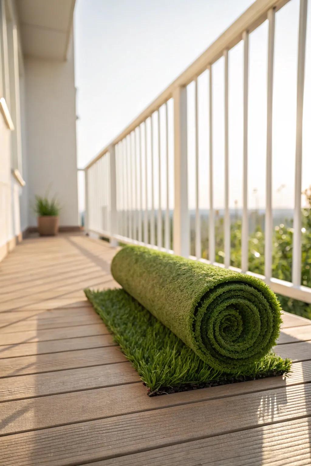 A budget-friendly roll of artificial grass adds instant “garden” vibes to a gray balcony.