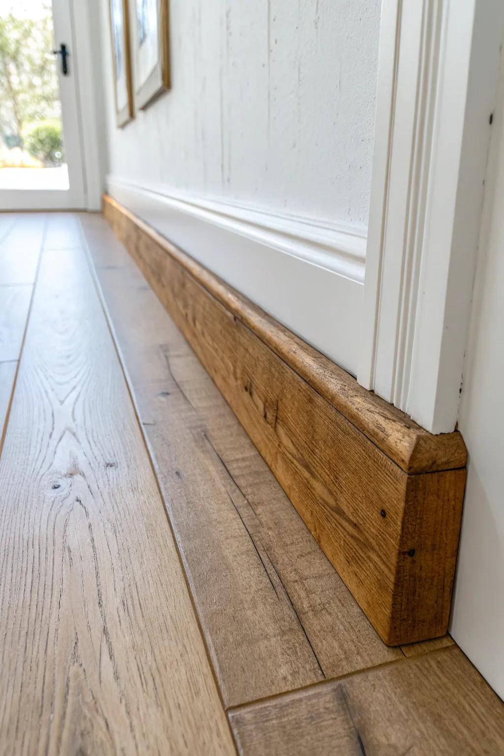 Fence-picket baseboard ripped to height and medium-stained—cozy cabin trim for a fraction of the cost.
