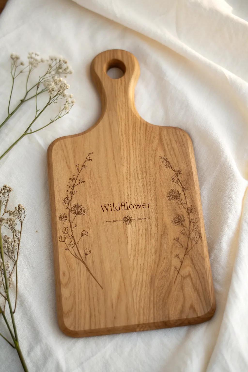 Delicate wildflower sprig border engraving—soft, spring-ready detail for your cheese board.
