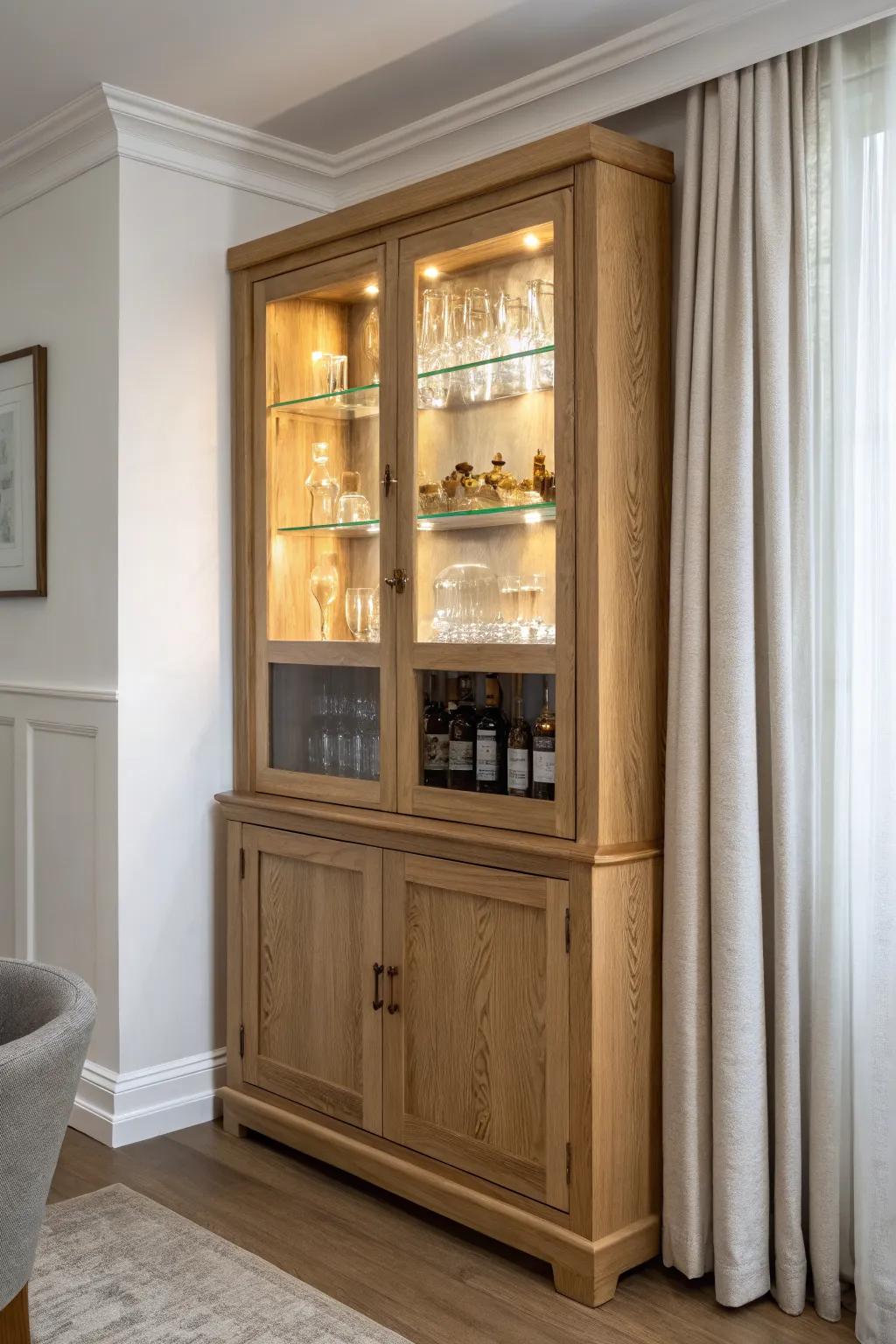 Warm hidden LED strips make a china cabinet bar glow—sparkling glassware, custom-built feel.