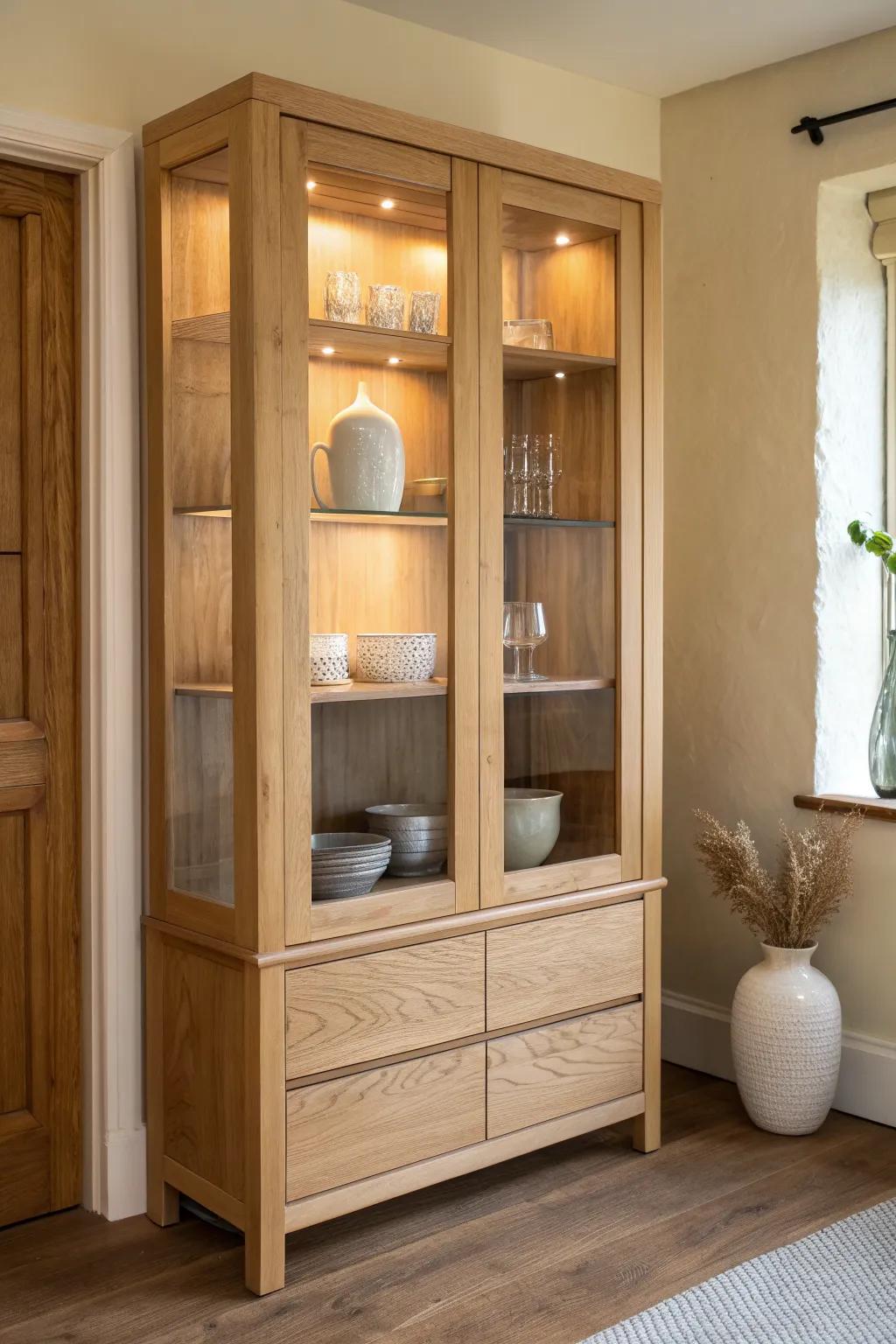 Warm LED hutch lighting makes your glass and ceramics glow—instant cozy, elevated look.
